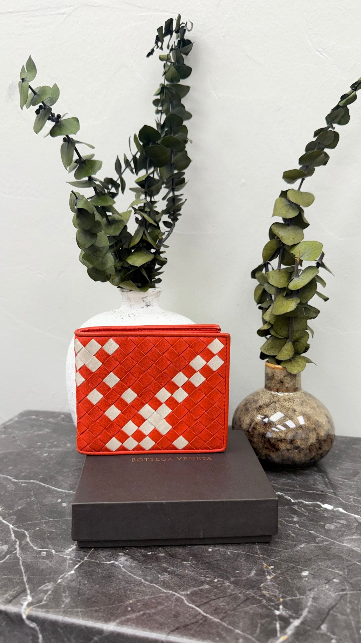 Bottega Veneta Orange And Cream Intrecciato Leather Bifold Wallet 