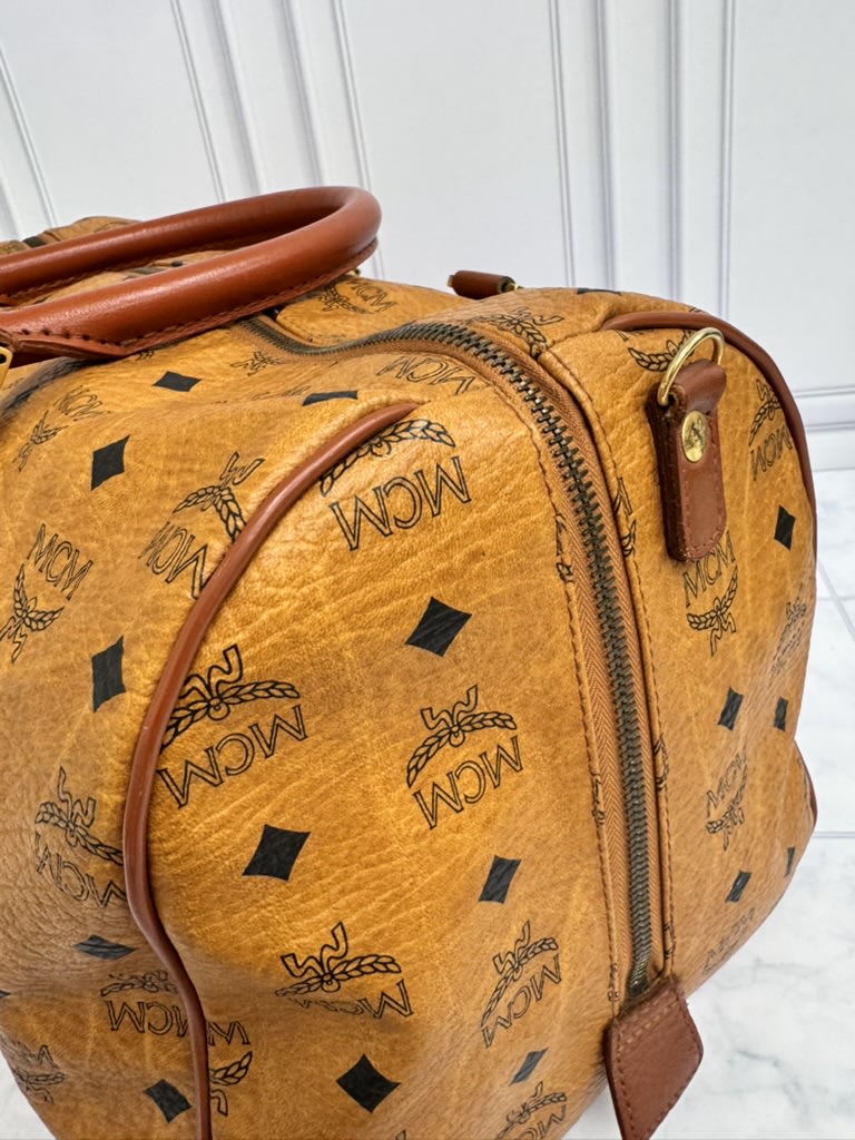 MCM Tan Visetos Leather Boston Bag