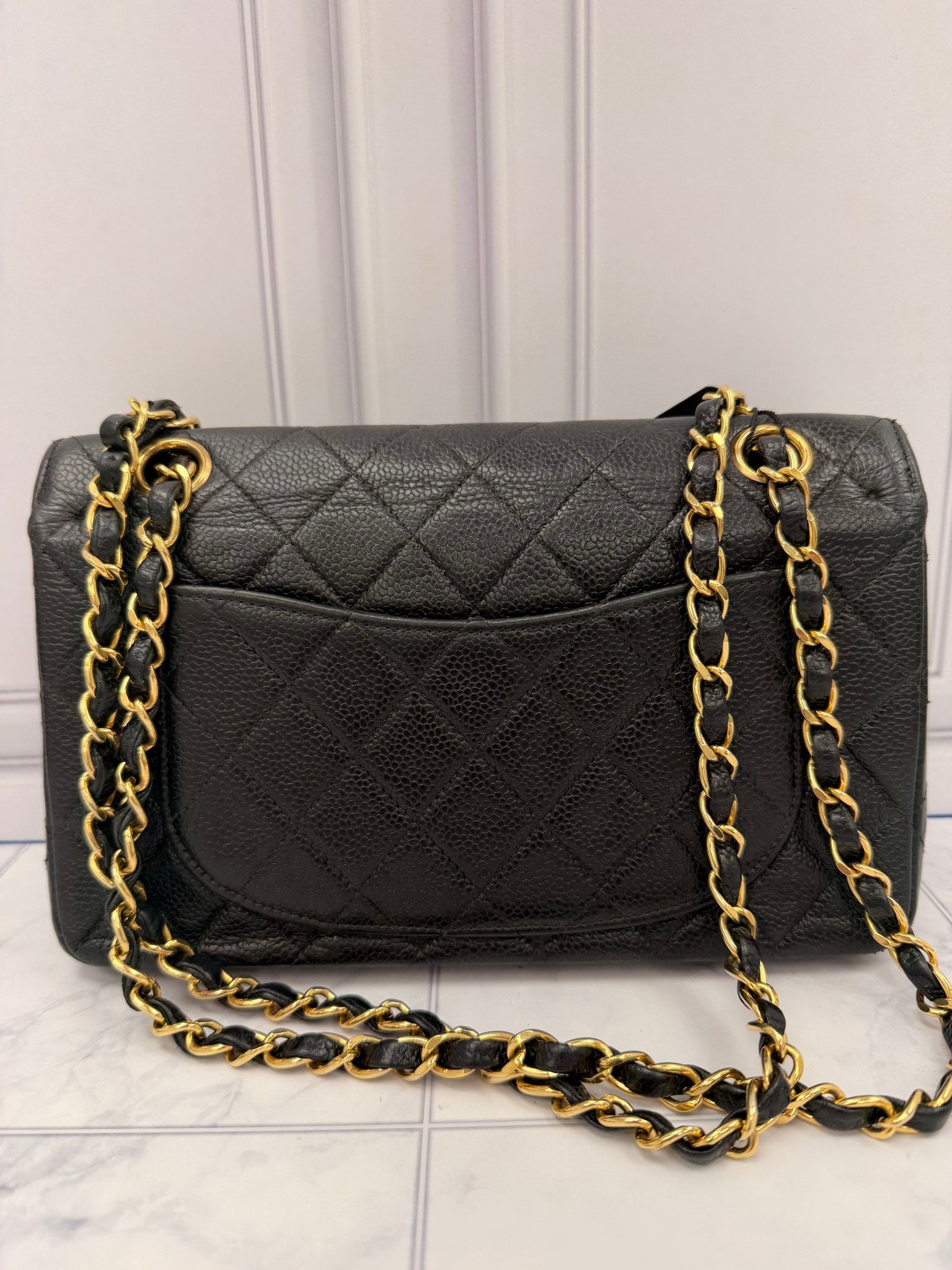 Chanel Black Quilted Caviar Leather Small Classic Double Flap Bag 