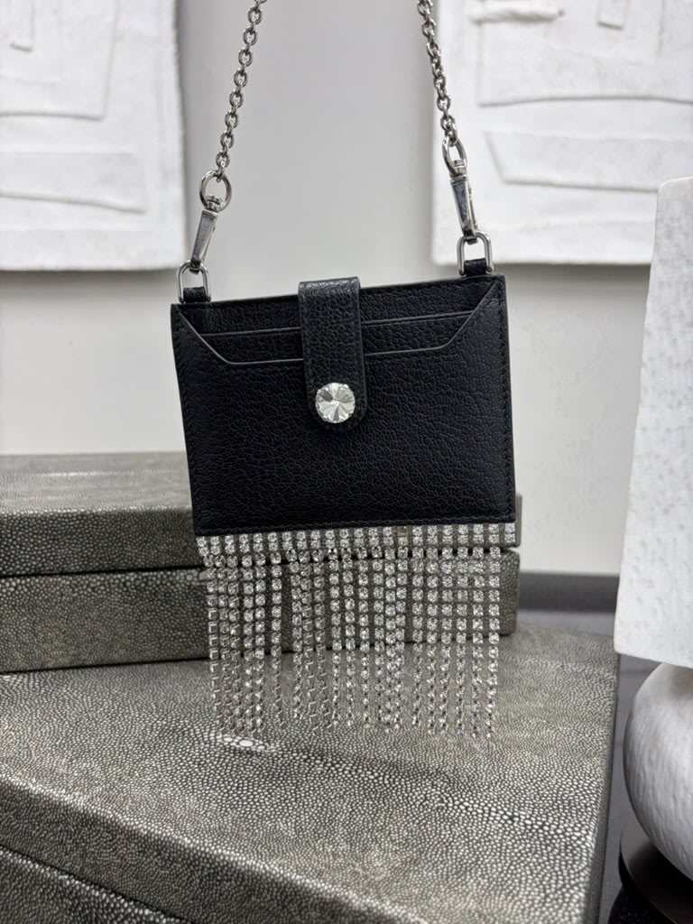 Miu Miu Black Leather Crystal Fringe Cardholder Crossbody