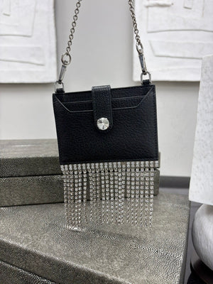 Miu Miu Black Leather Crystal Fringe Cardholder Crossbody