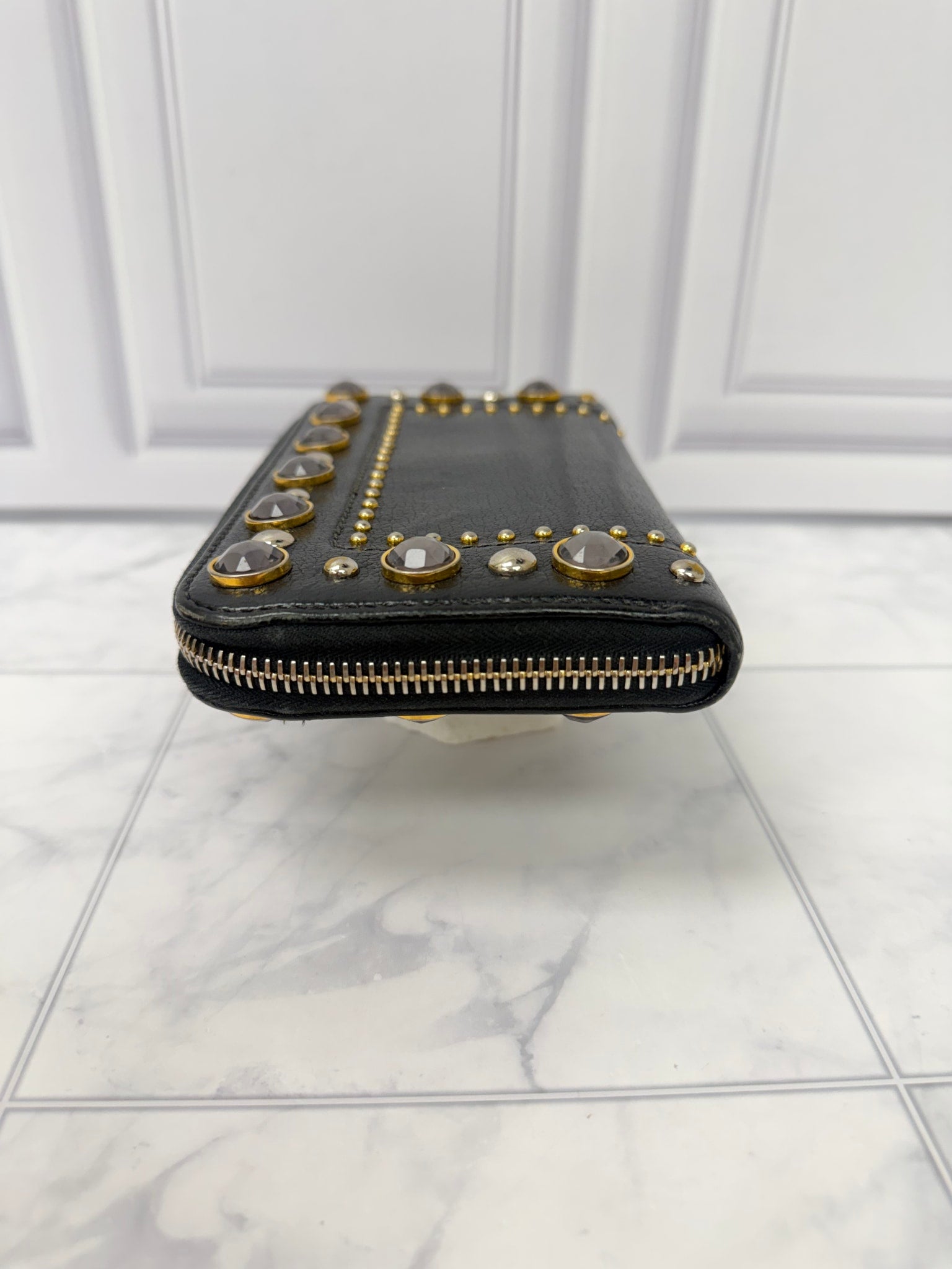 Miu Miu Black Leather Crystal Studded Zippy Wallet 