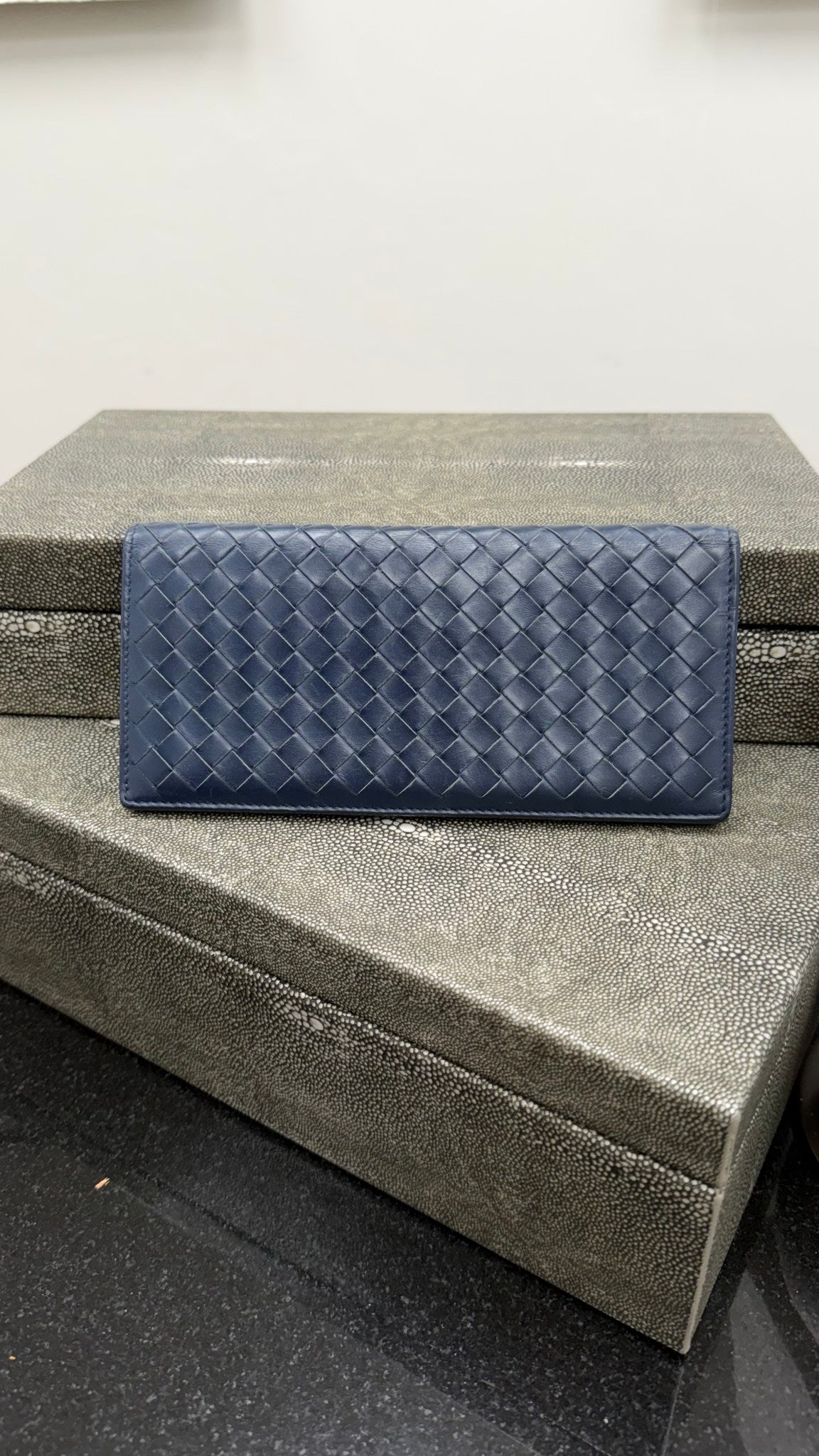 Bottega Veneta Navy Blue Intrecciato Leather Long Wallet