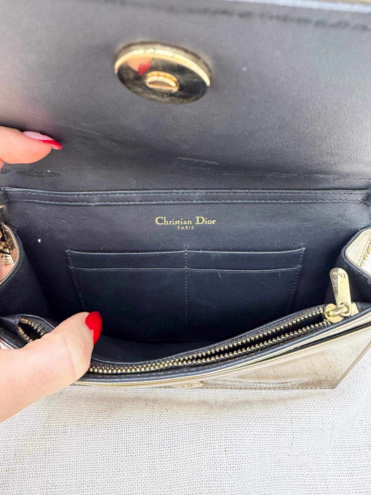 Christian Dior Bronze Patent Leather Microcannage Diorama Wallet on a Chain