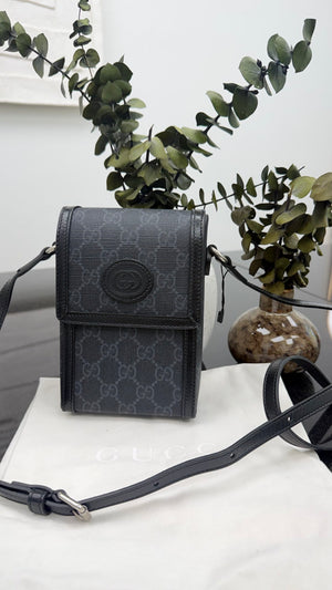 LIKE NEW - Gucci Black GG Supreme Phone Holder Crossbody Bag