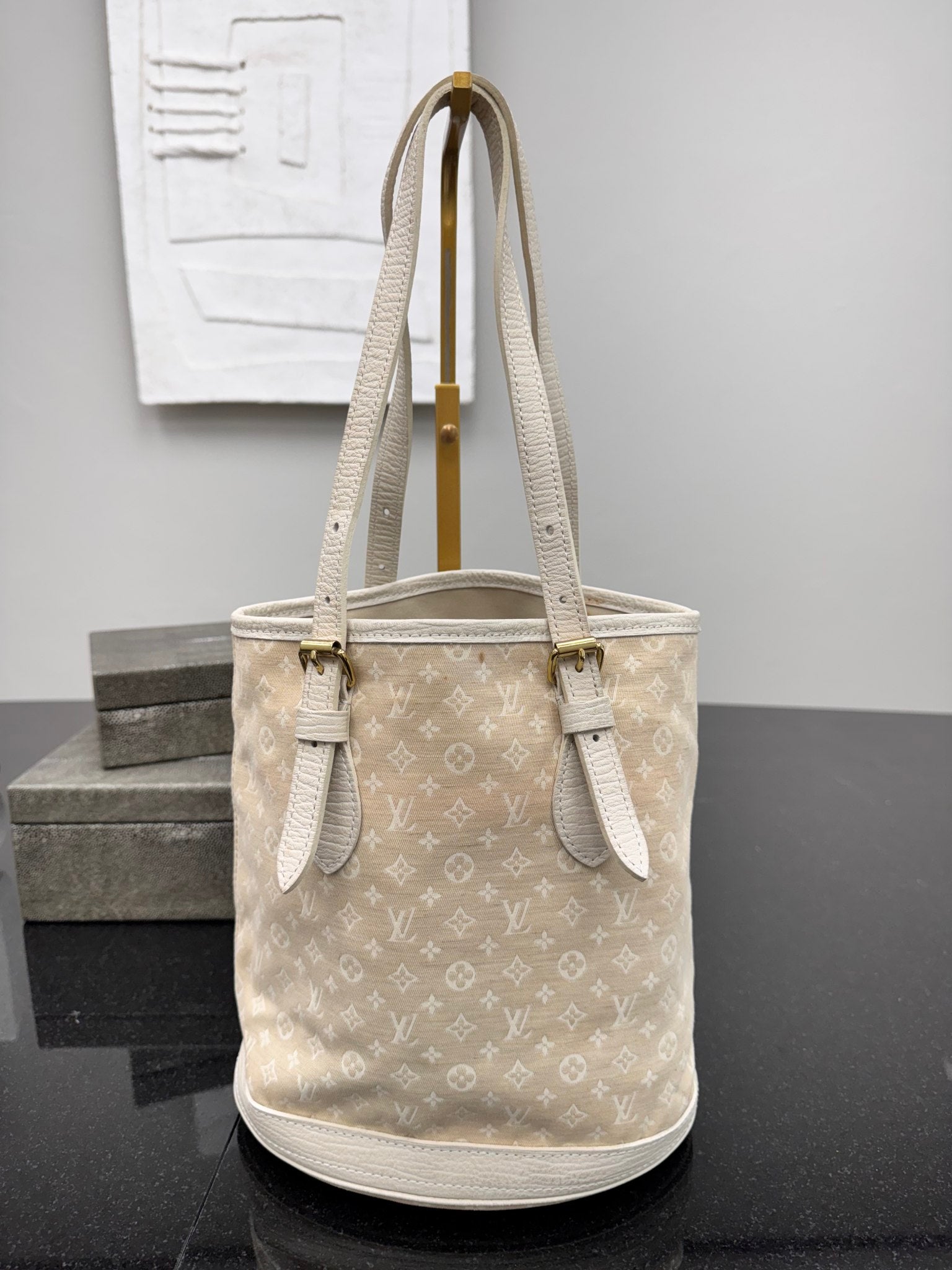 Louis Vuitton Beige Mini Lin Monogram Bucket PM Shoulder Bag