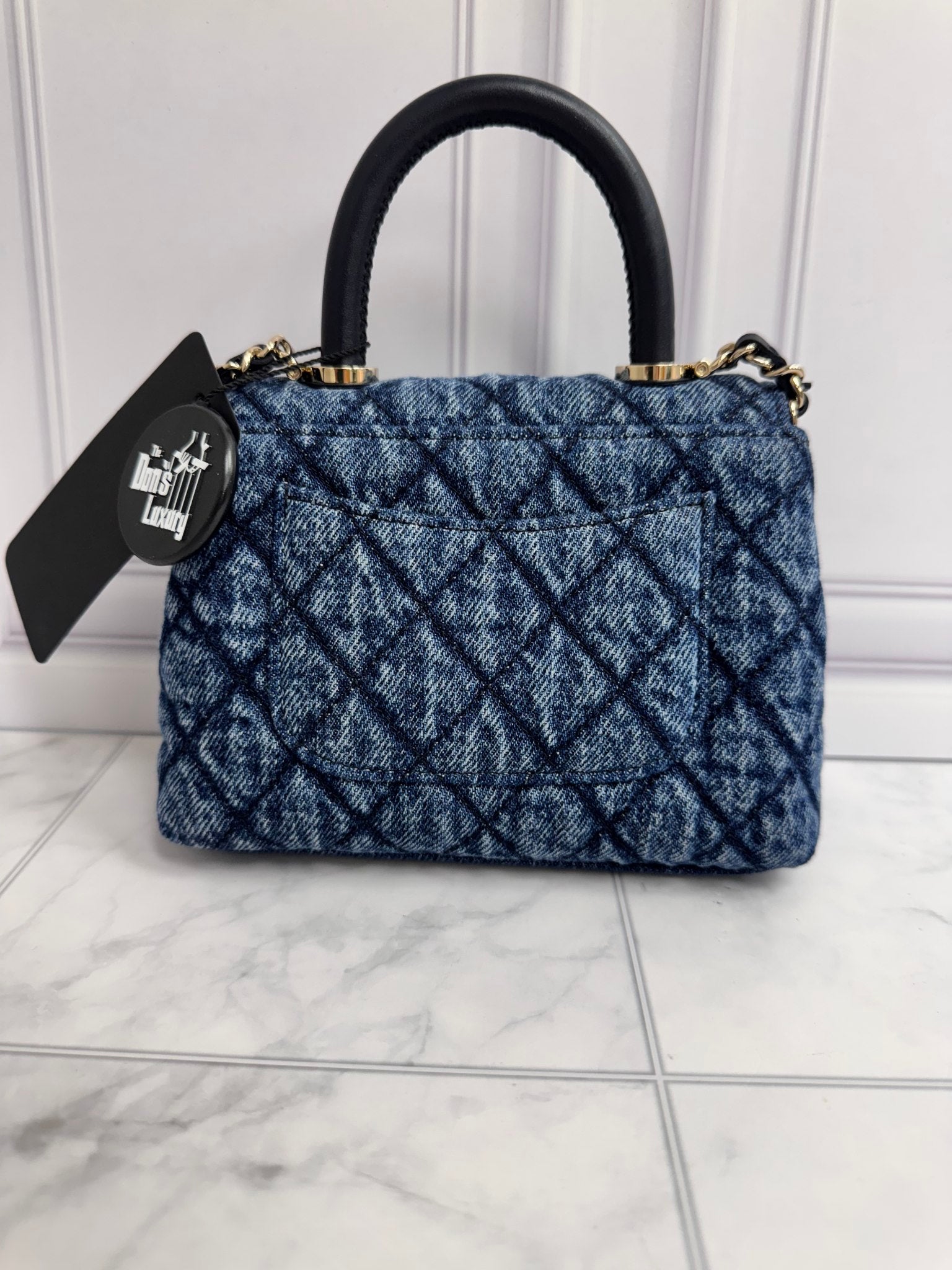 LIKE NEW - Chanel Blue Quilted Denim Coco Mini Top Handle Bag