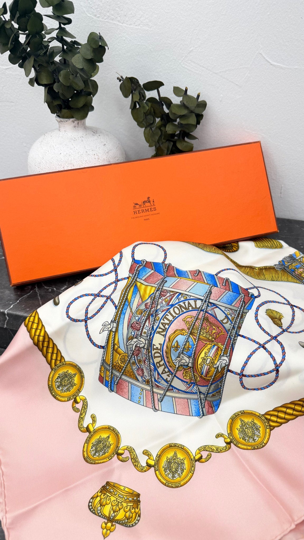 Hermes Pink Multicolor Silk Les Tambours Carre 90 Scarf