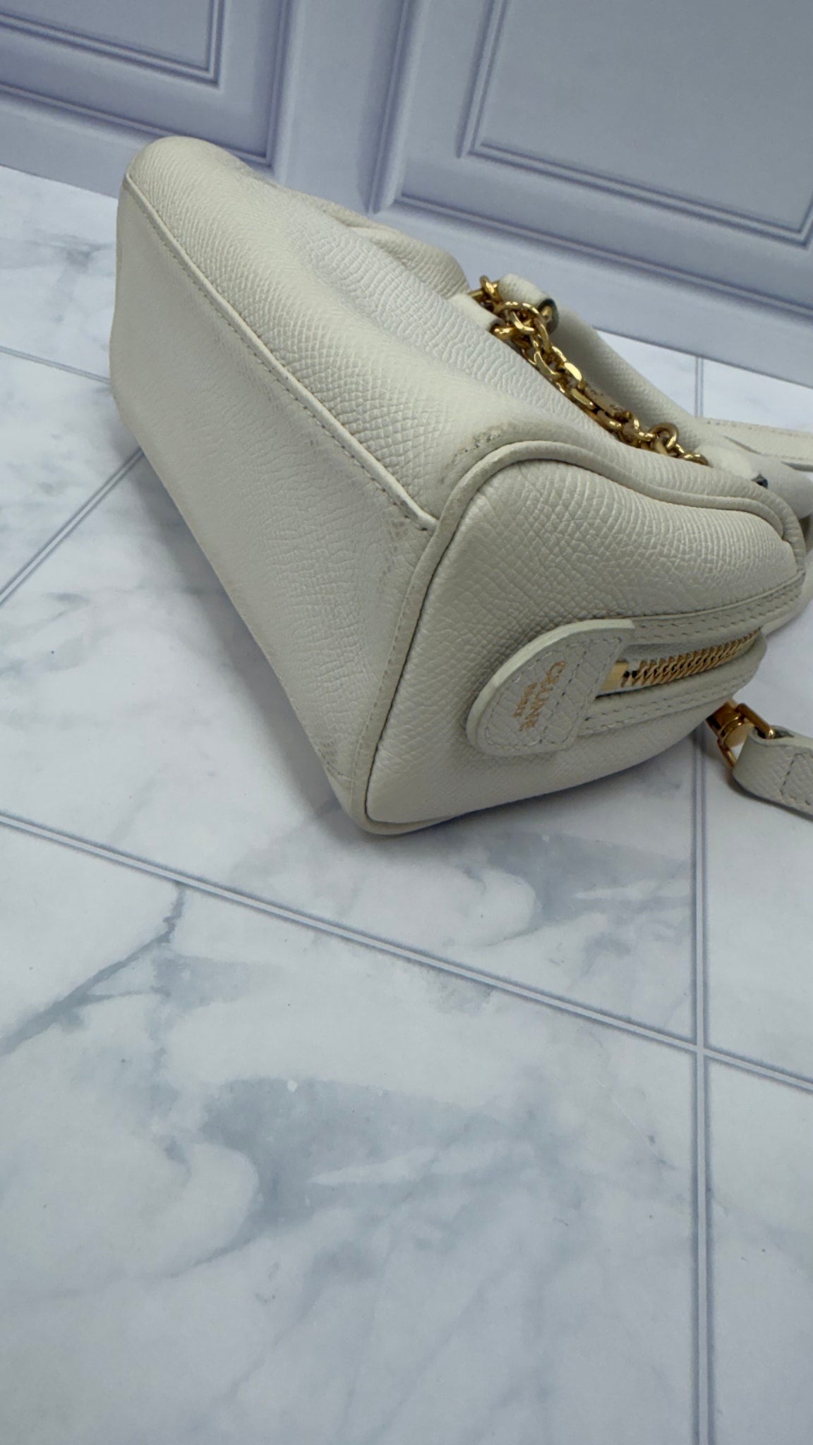 Celine White Grained Calfskin Mini Boston Bag