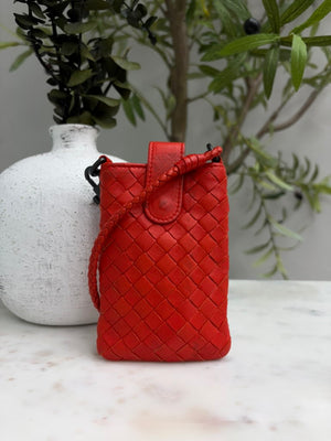Bottega Veneta Red Intrecciato Leather Mini Phone Tote