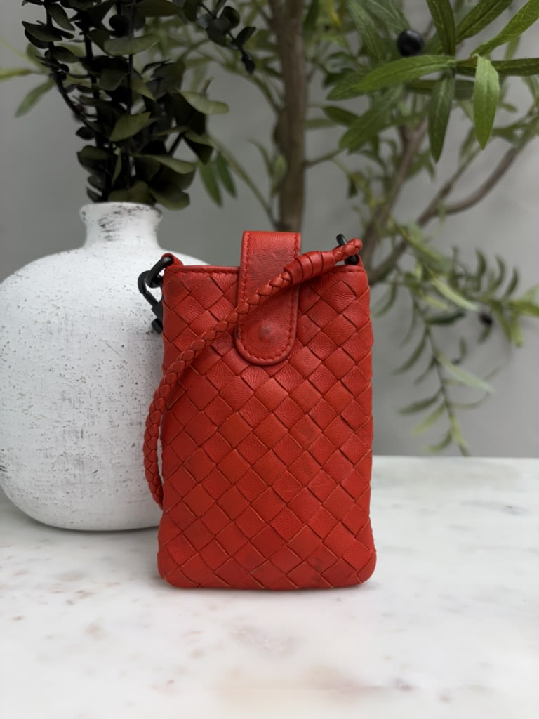 Bottega Veneta Red Intrecciato Leather Mini Phone Tote