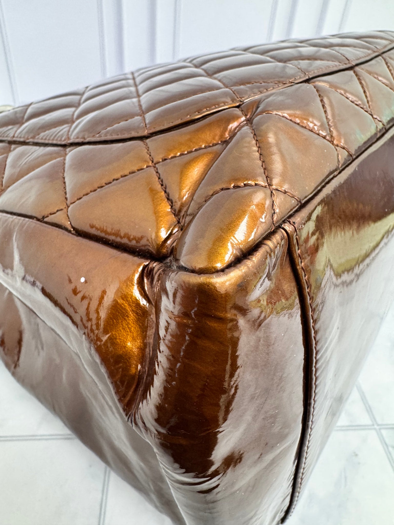 Chanel Bronze Quilted Patent Leather Grand Shopping Tote