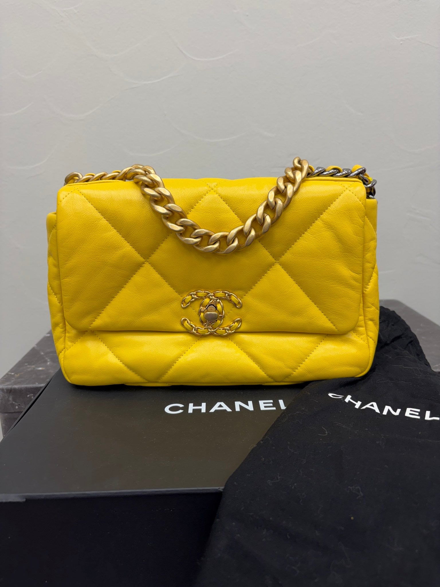 Chanel Yellow Quilted Lambskin Small Chanel 19 Flap Bag