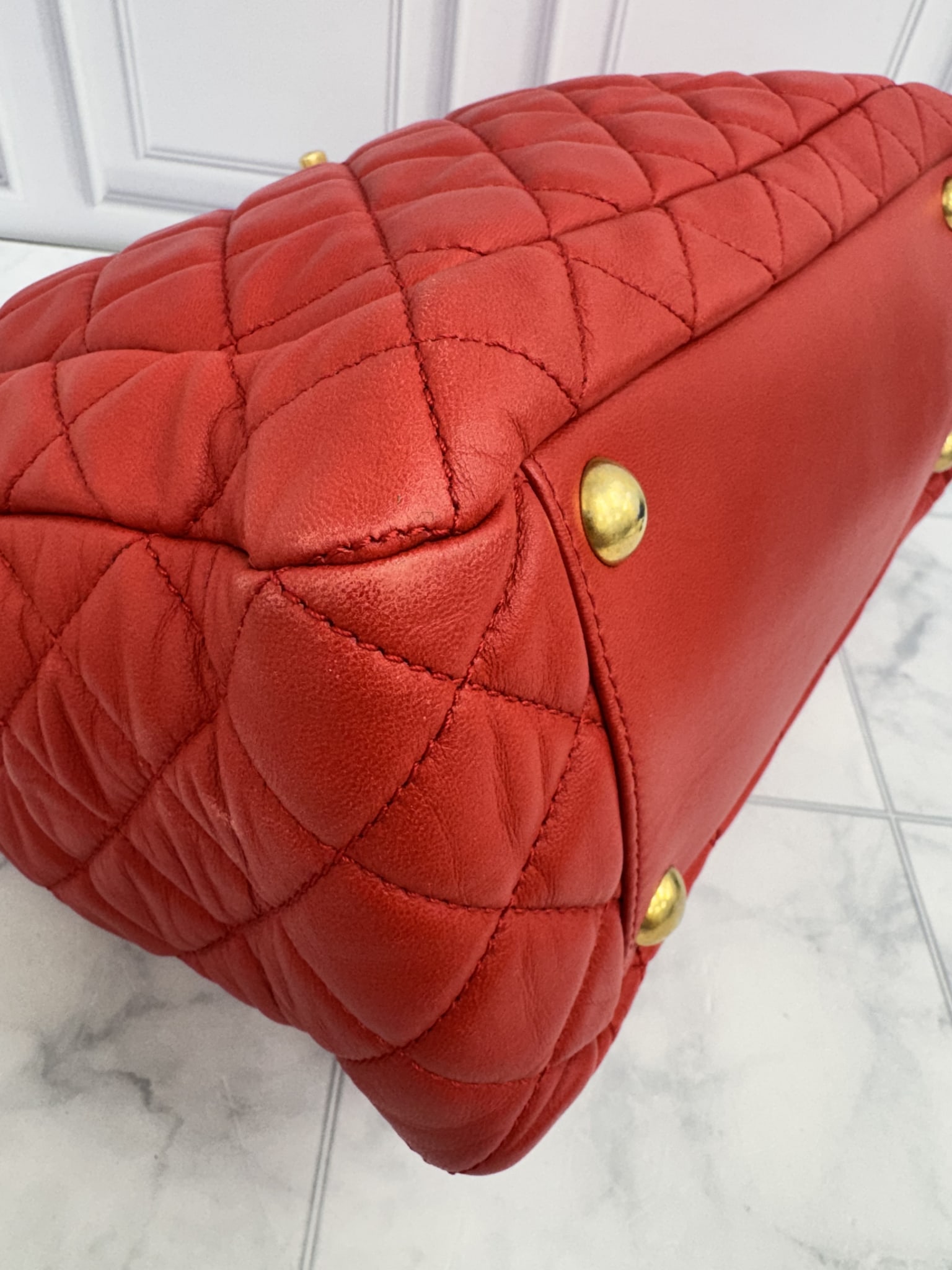 Chanel Red Quilted Lambskin Leather Front Pocket Shopping Tote