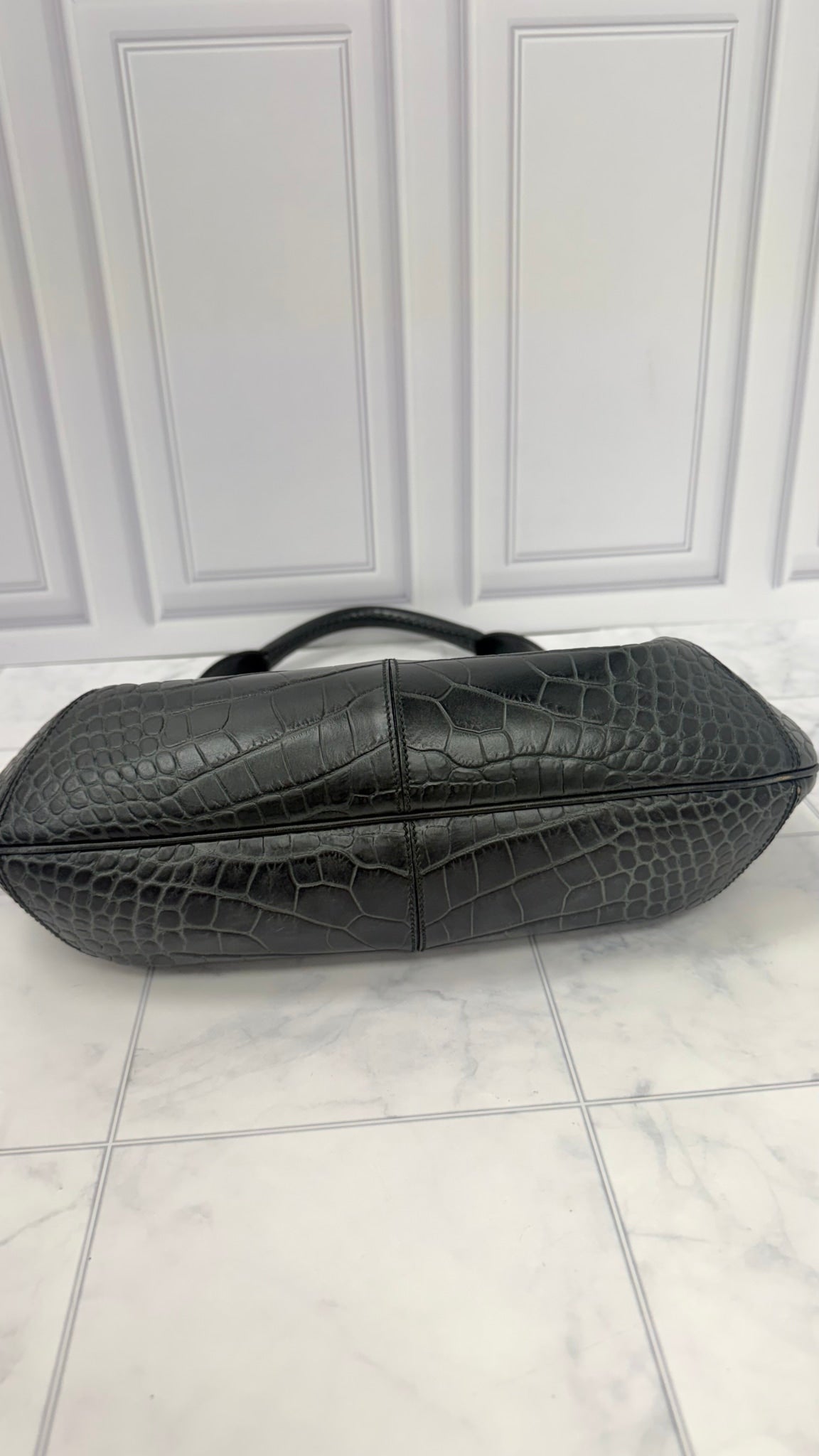Salvatore Ferragamo Black Croc Embossed Shoulder Bag 