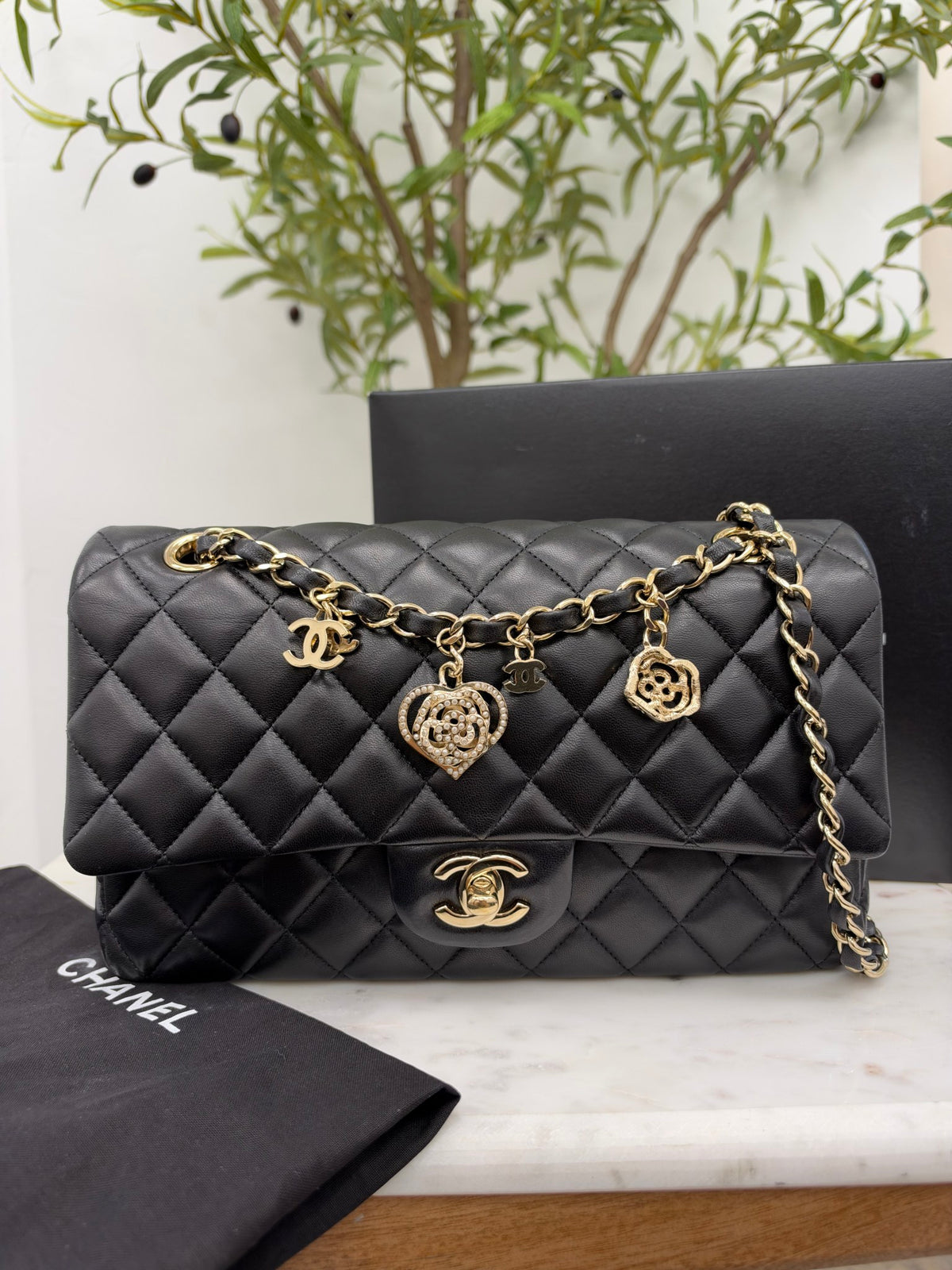 Chanel Black Quited Lambskin Valentine Edition Charms Medium Flap Bag 
