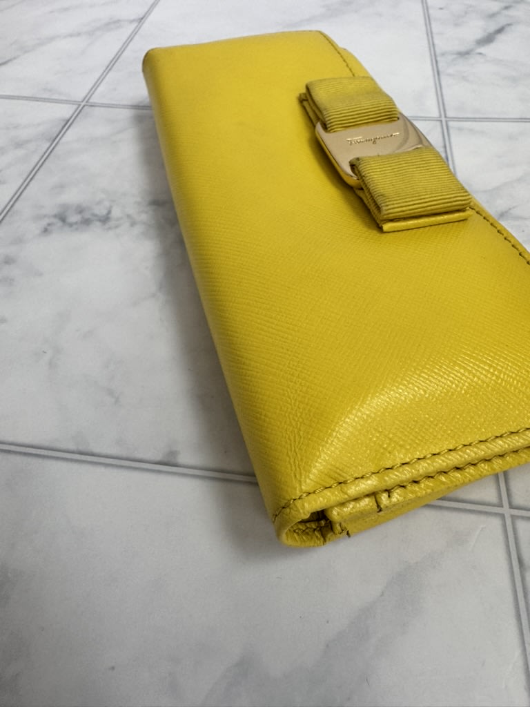 Salvatore Ferragamo Yellow Saffiano Leather Vara Bow Long Wallet