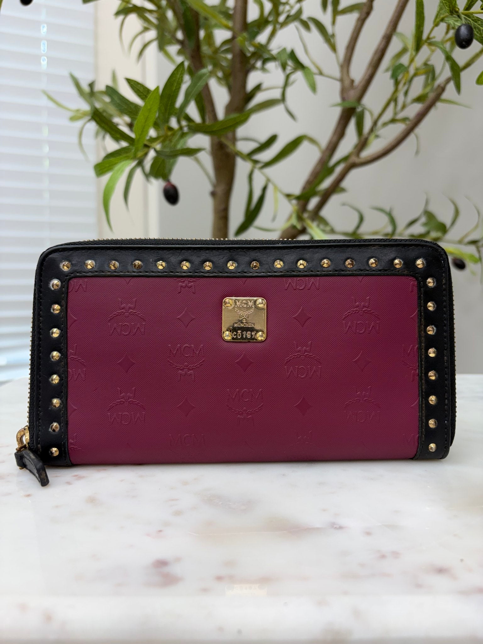 MCM Purple Coated Canvas Visetos Studded Zippy Wallet