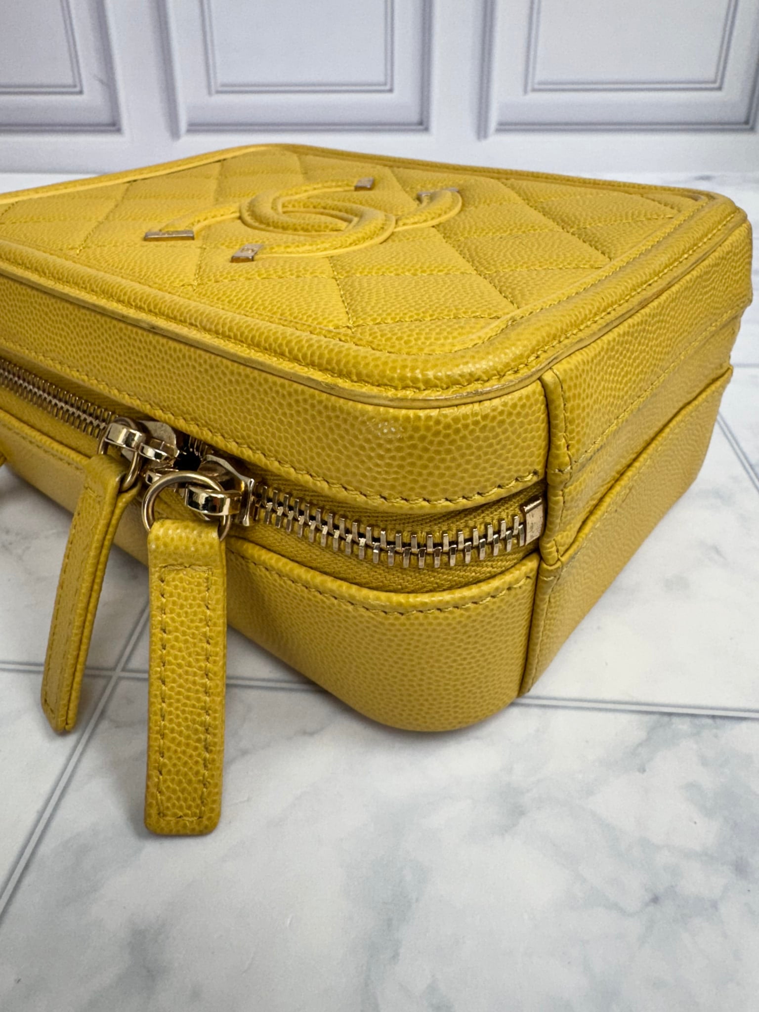 Chanel Yellow Caviar Quilted Filigree Vertical Vanity Case 