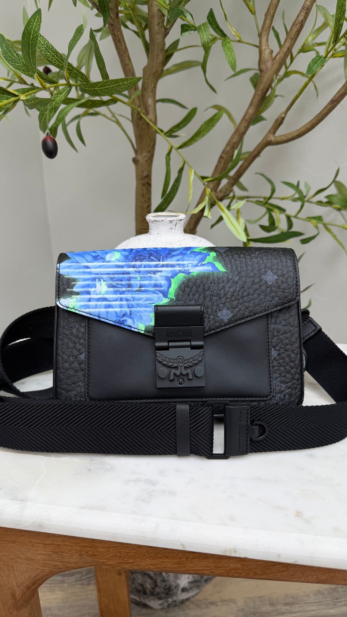 BRAND NEW- MCM Black Leather Tech Flower Millie Crossbody