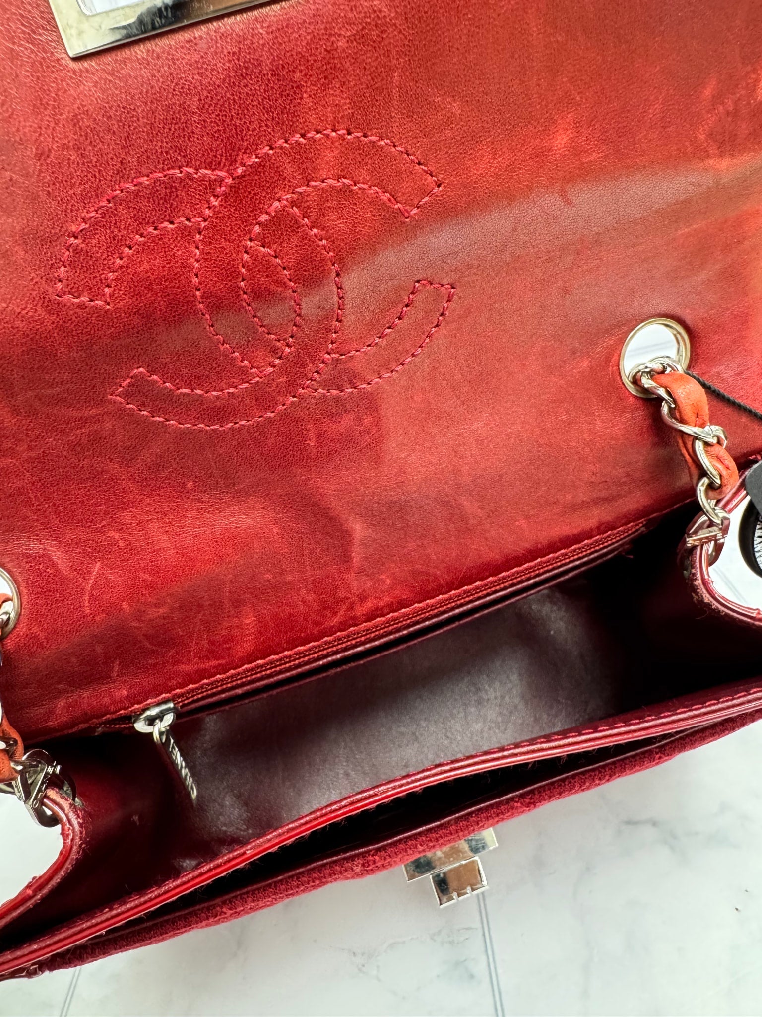 Chanel Red Quilted Jersey And Patent Leather 2.55 Reissue Flap Shoulder Bag