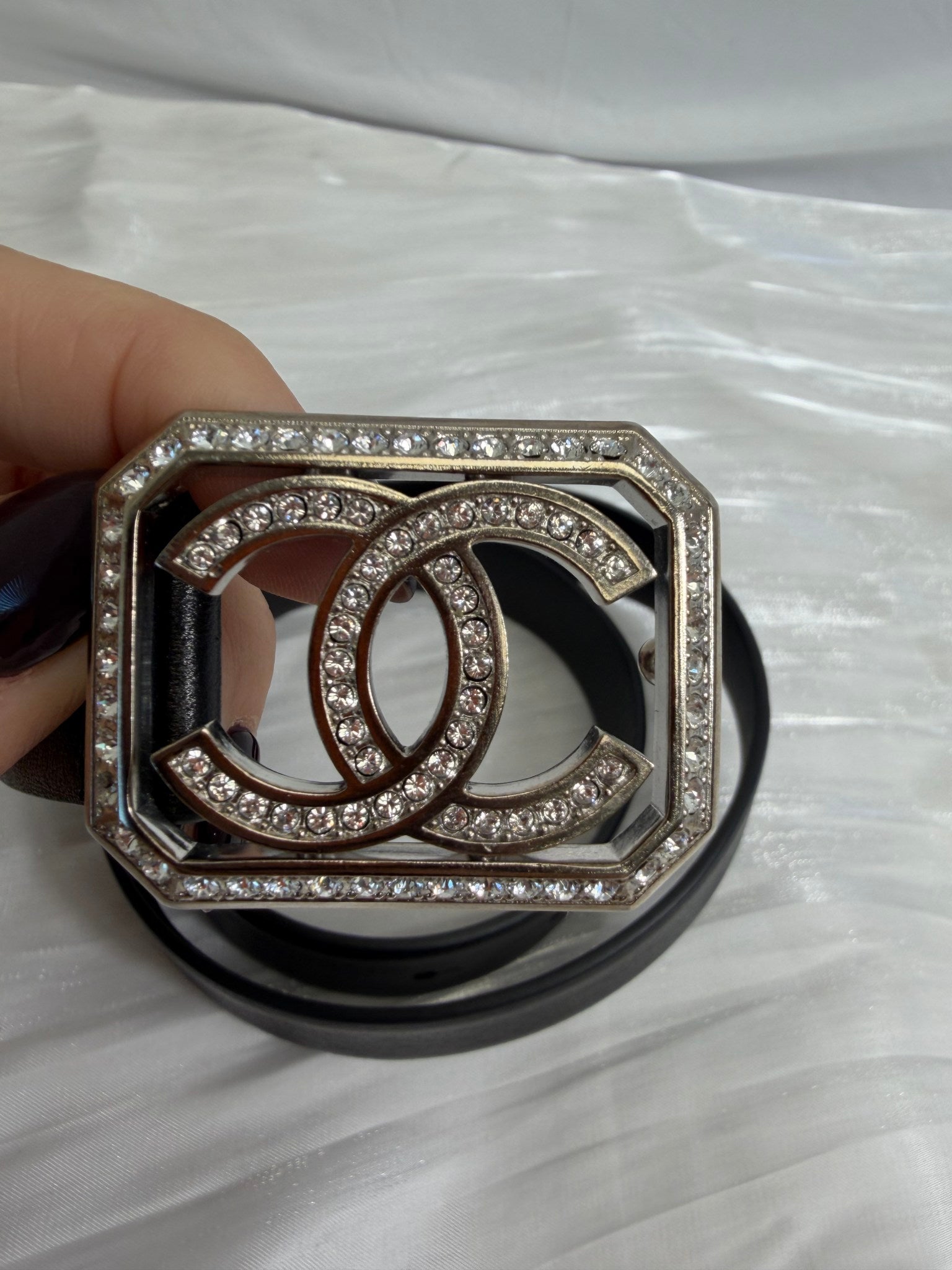 Chanel Black Leather Crystal CC Logo Belt 70/28