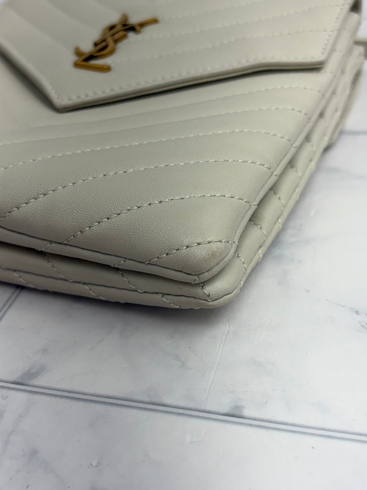 Saint Laurent YSL Ivory Chevron Quilted Leather Chain Shoulder Bag