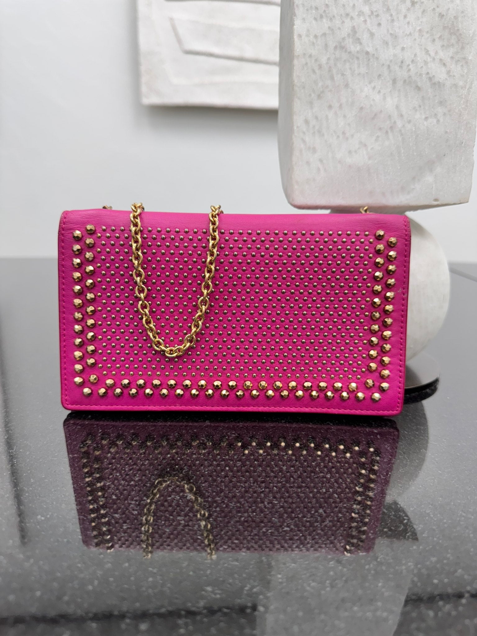 MCM Pink Studded Leather Wallet On A Chain