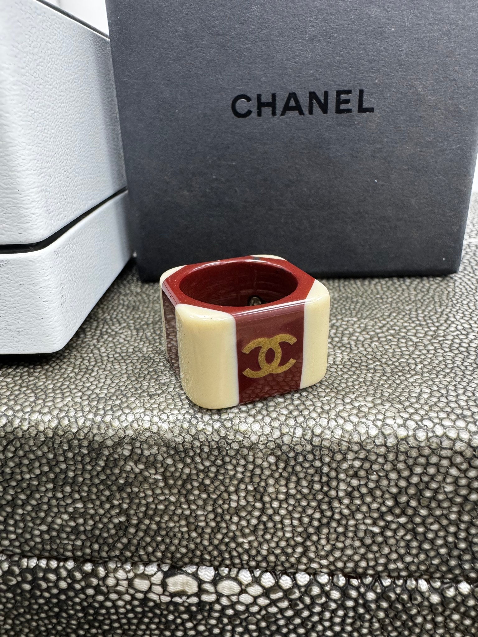 Chanel Cream & Burgundy Resin CC Ring Size 7