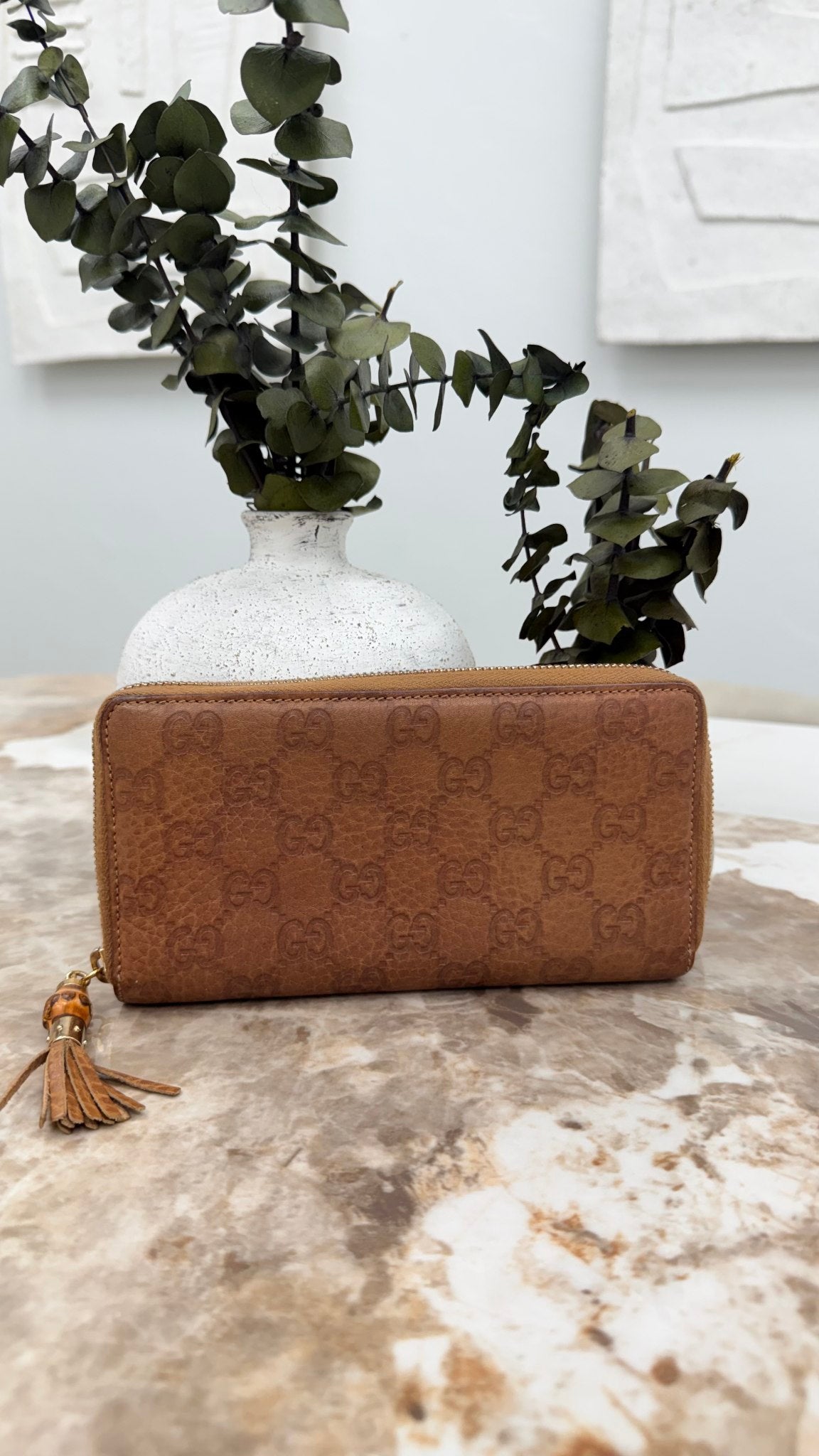 Gucci Brown Embossed GG Grained Leather Bamboo Zippy Wallet 