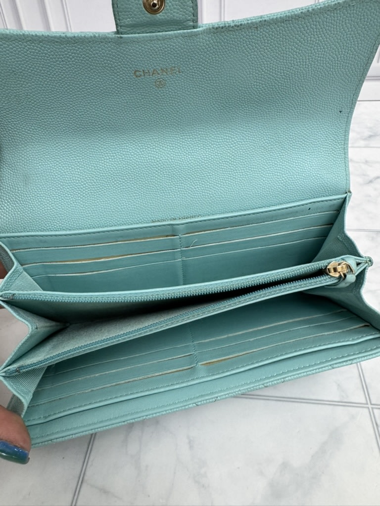 Chanel Light Blue Diamond Quilted Caviar Leather Classic Flap Long Wallet