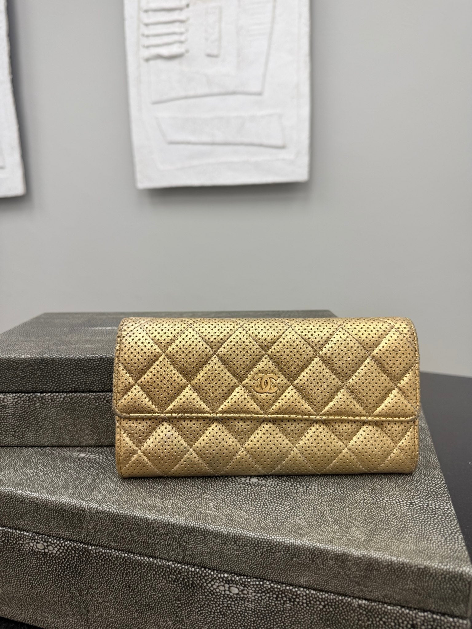 Chanel Gold Perforated Leather Flap Wallet 