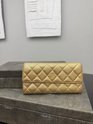 Chanel Gold Perforated Leather Flap Wallet