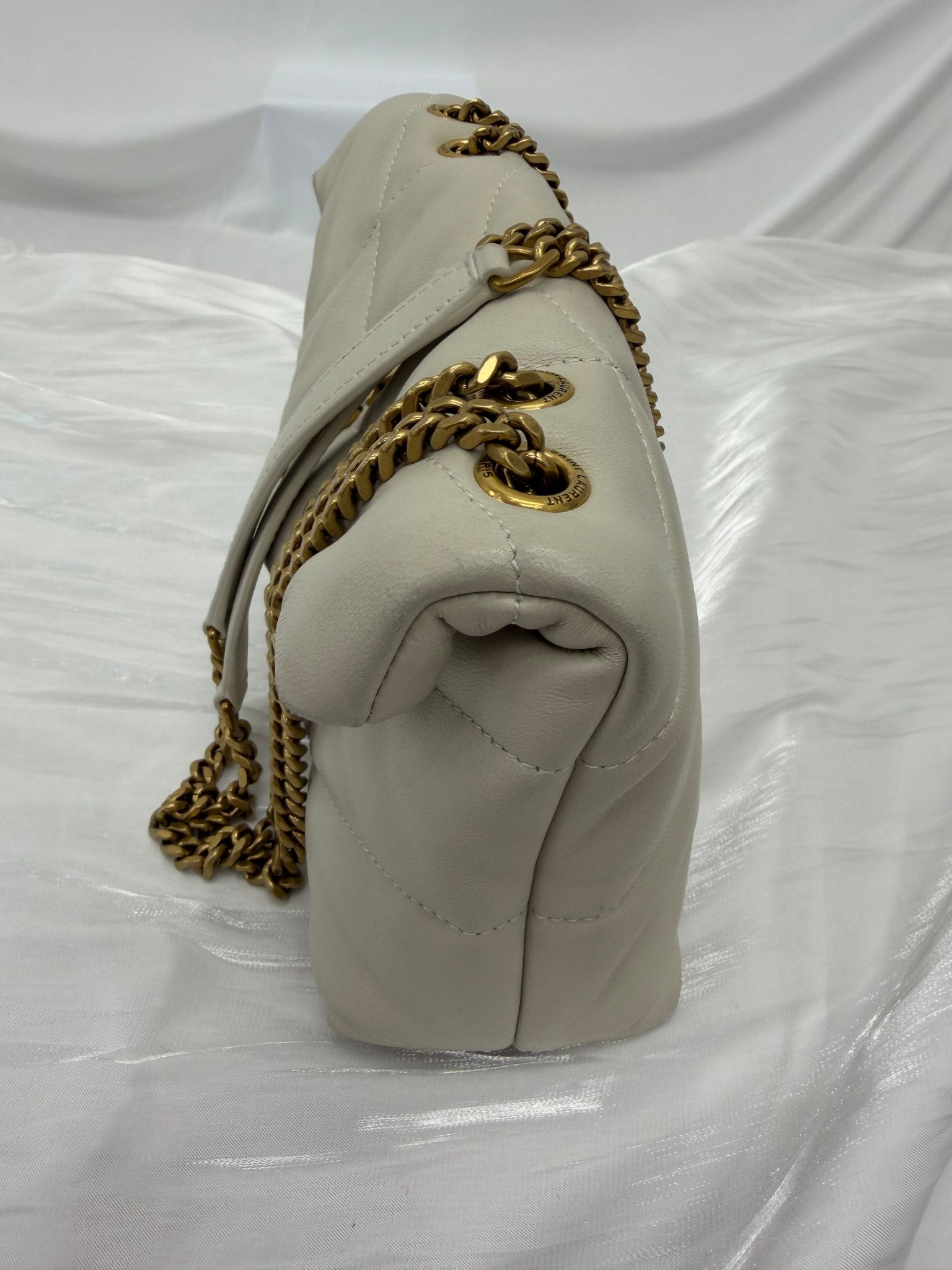 Saint Laurent YSL Beige Lambskin Quilted Toy Loulou Puffer Chain Satchel