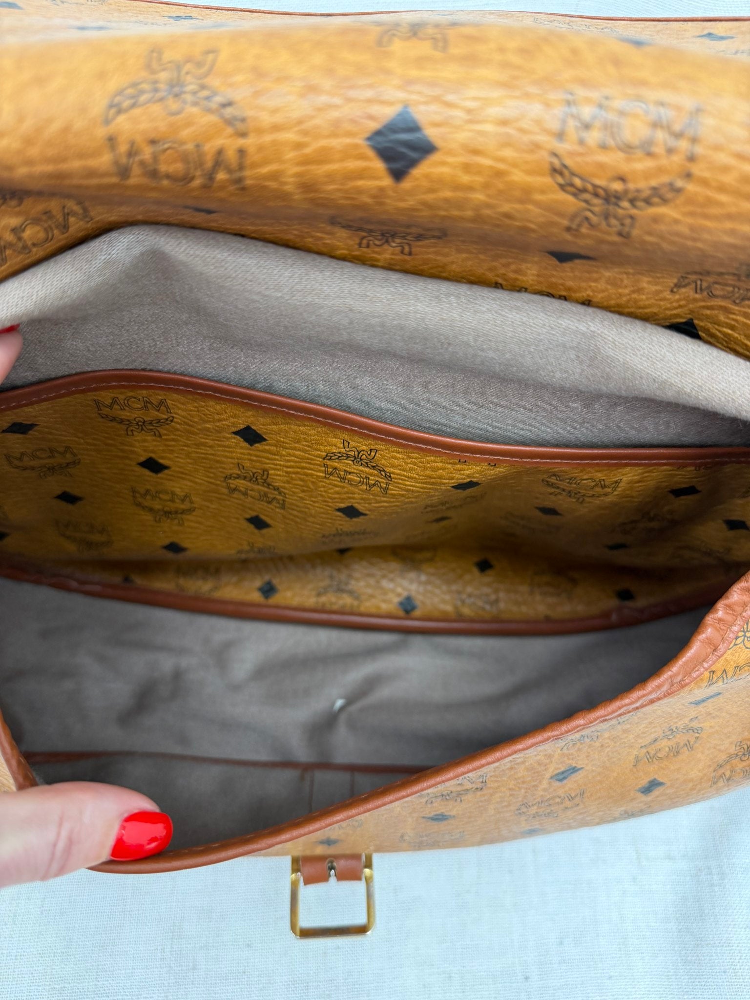 MCM Cognac Visetos Leather Messenger Bag