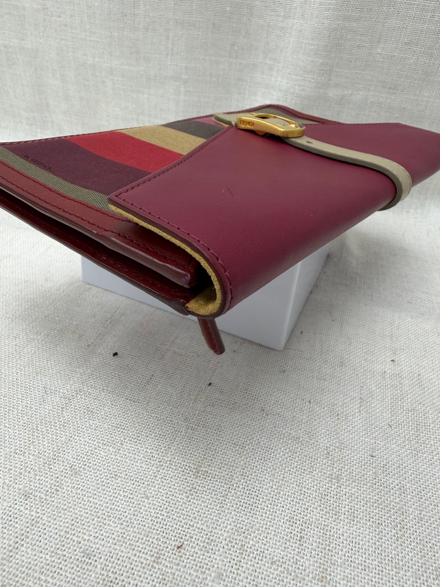 Fendi Magenta Leather & Pequin Canvas Envelope Clutch