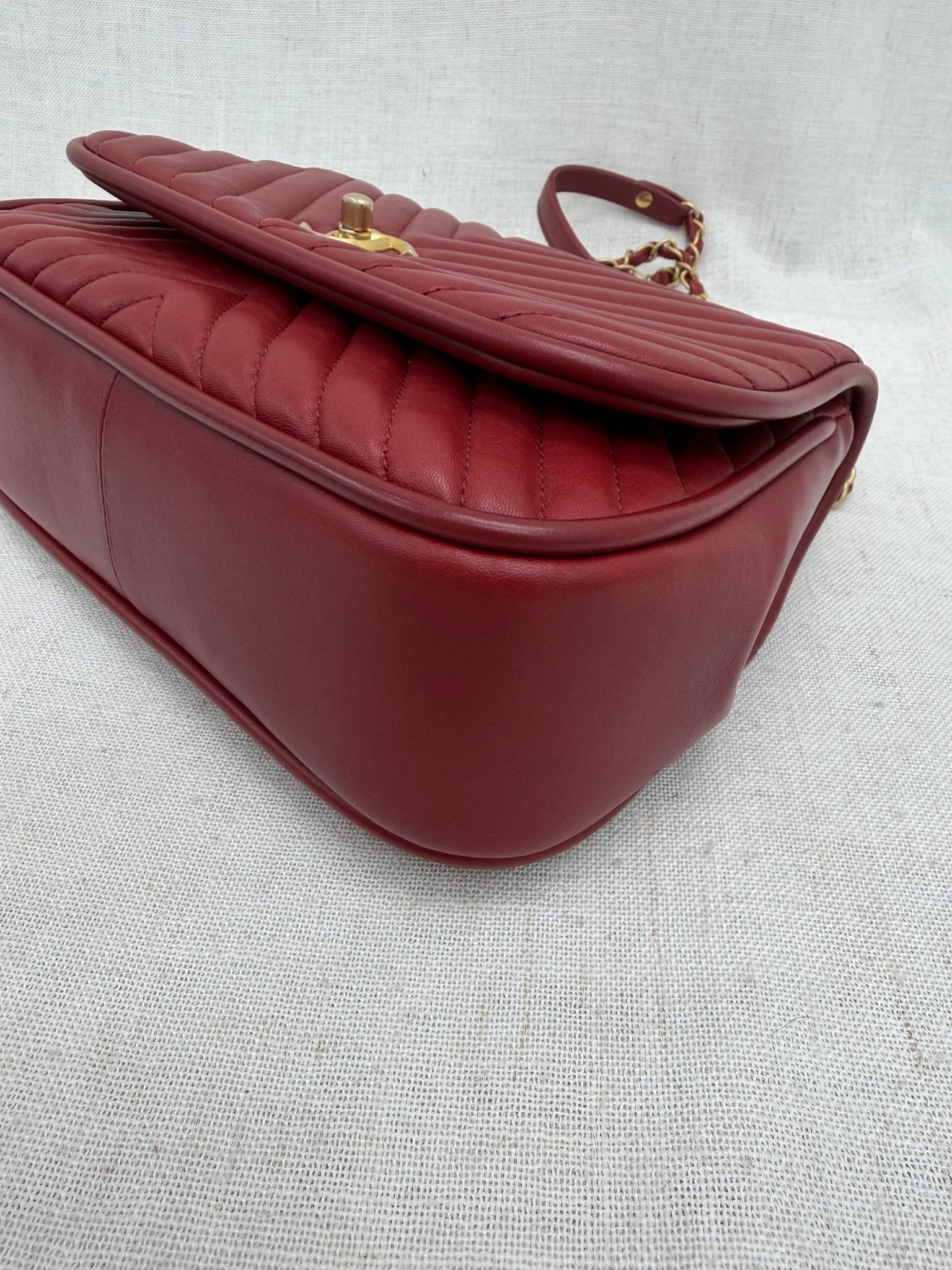 Chanel Red Chevron Lambskin Reversed Round Flap Bag