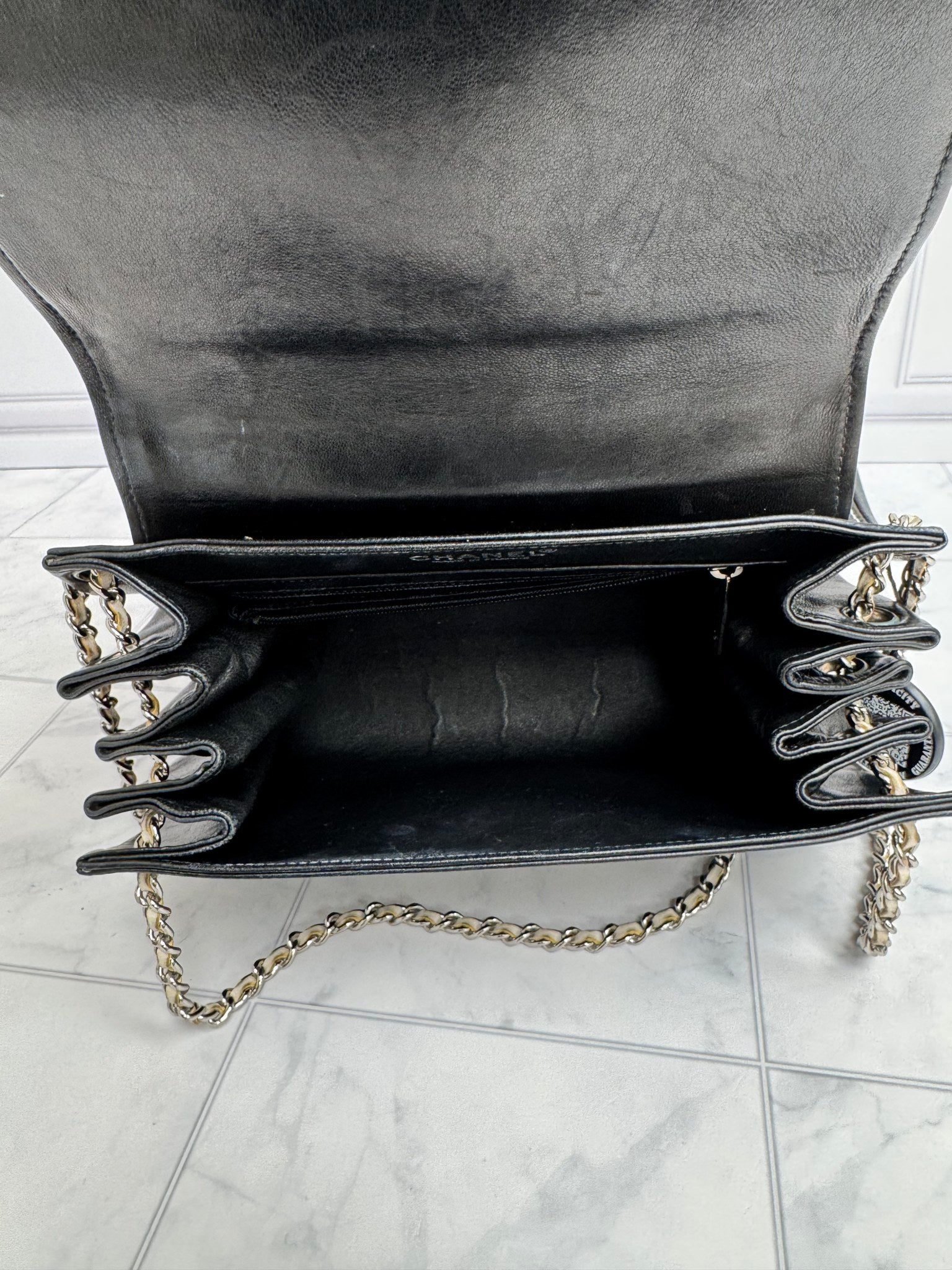 Chanel Beige And Black Quilted patent Leather Chocolate Bar Chain Flap Bag