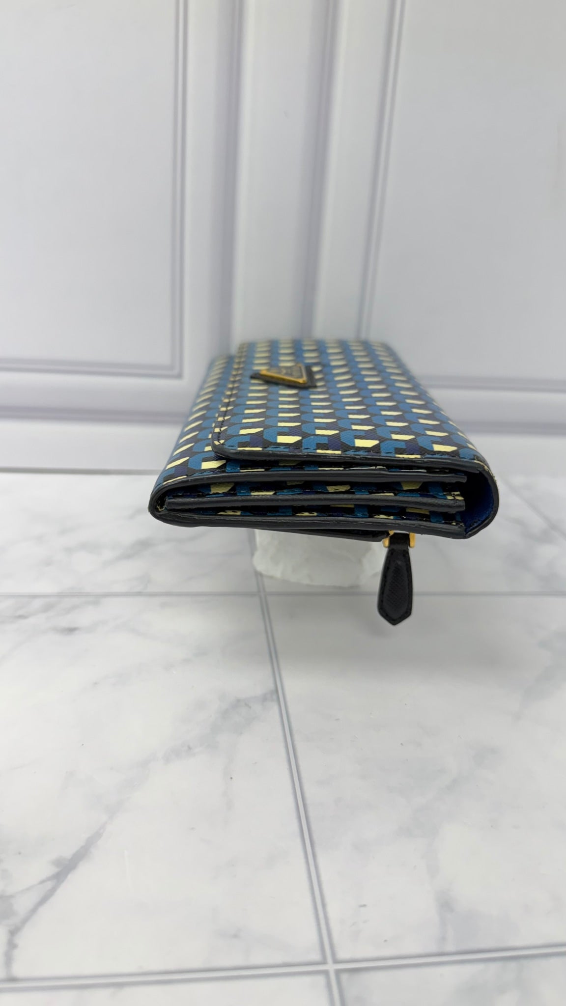 Prada Blue Multicolor Saffiano Leather Geometric Print Long Wallet 
