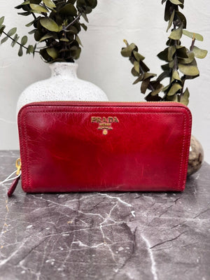 Prada Dark Red Patent Leather Long Zippy Wallet