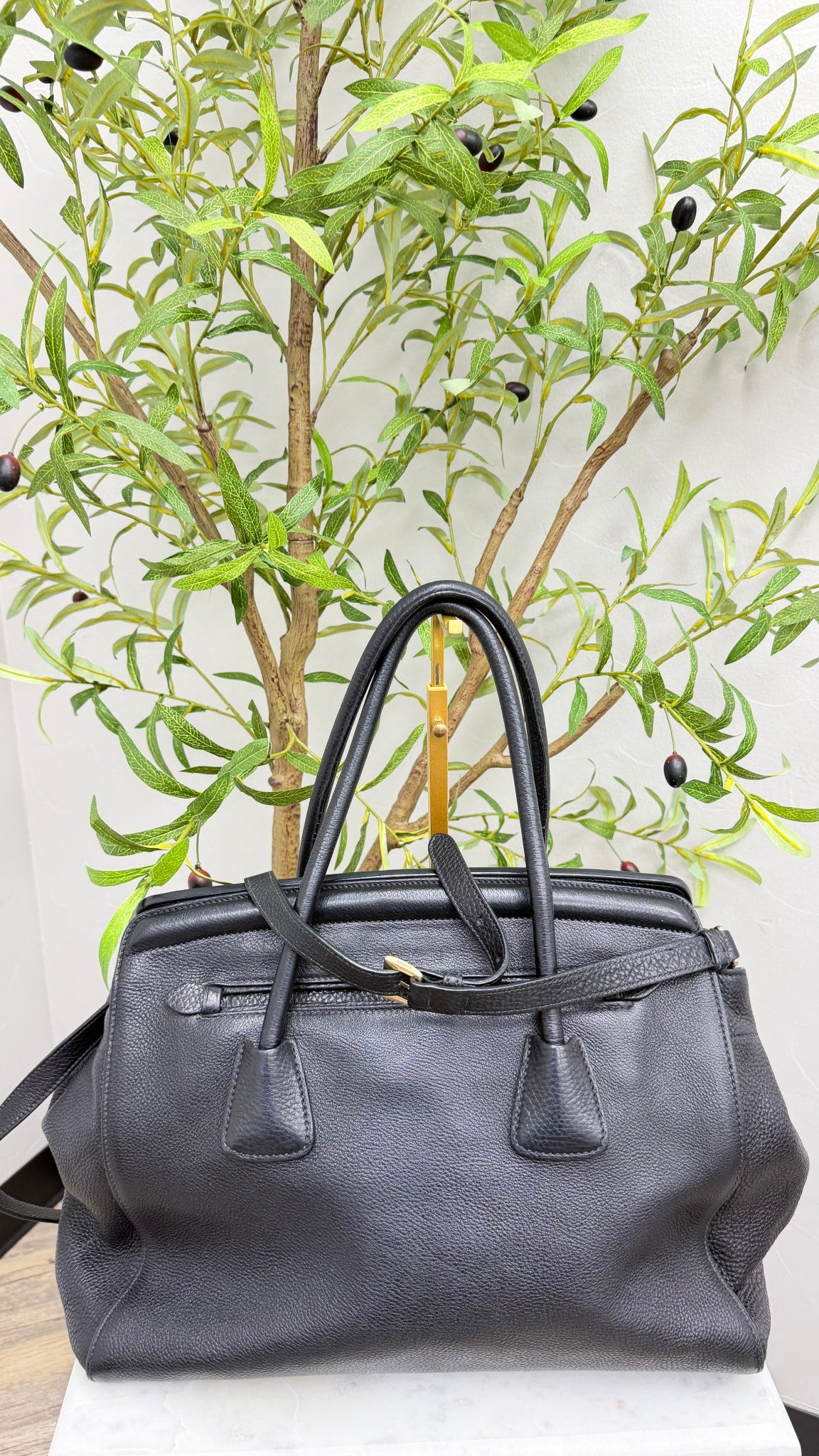 Prada Black Pebbled Leather Vittello Daino  2Way Tote Bag 