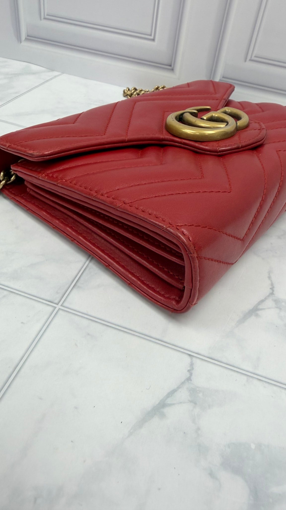 Gucci Red Leather Marmont Wallet on a Chain