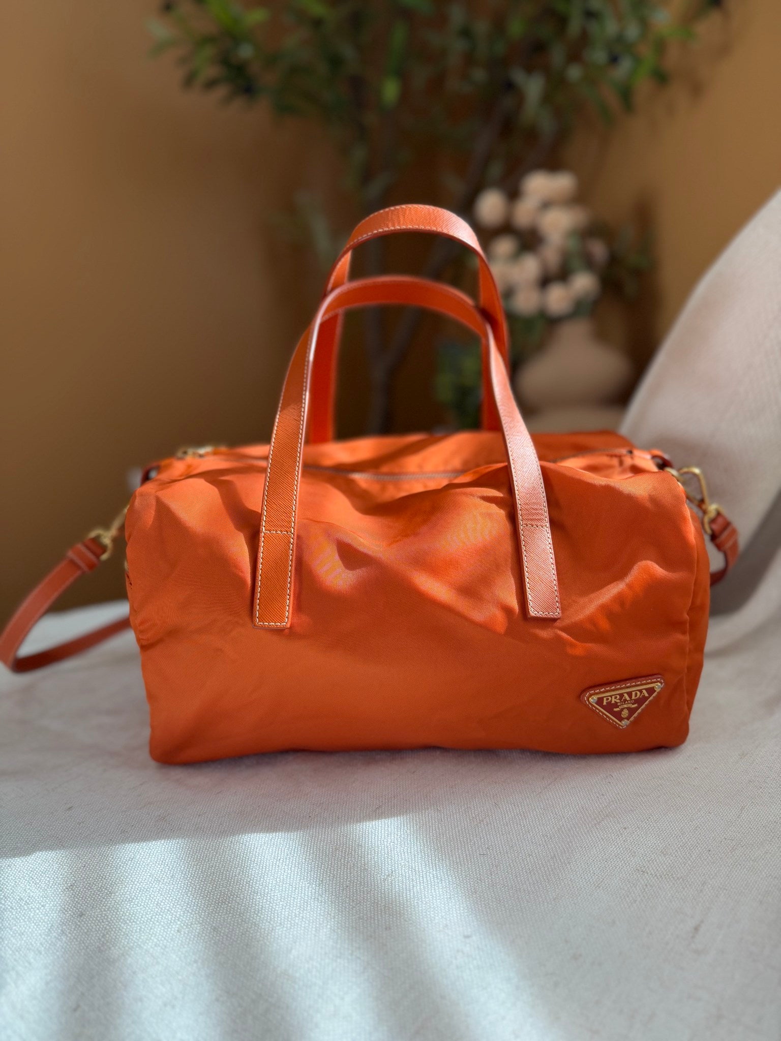 Prada Orange Nylon Boston Two Way Bag