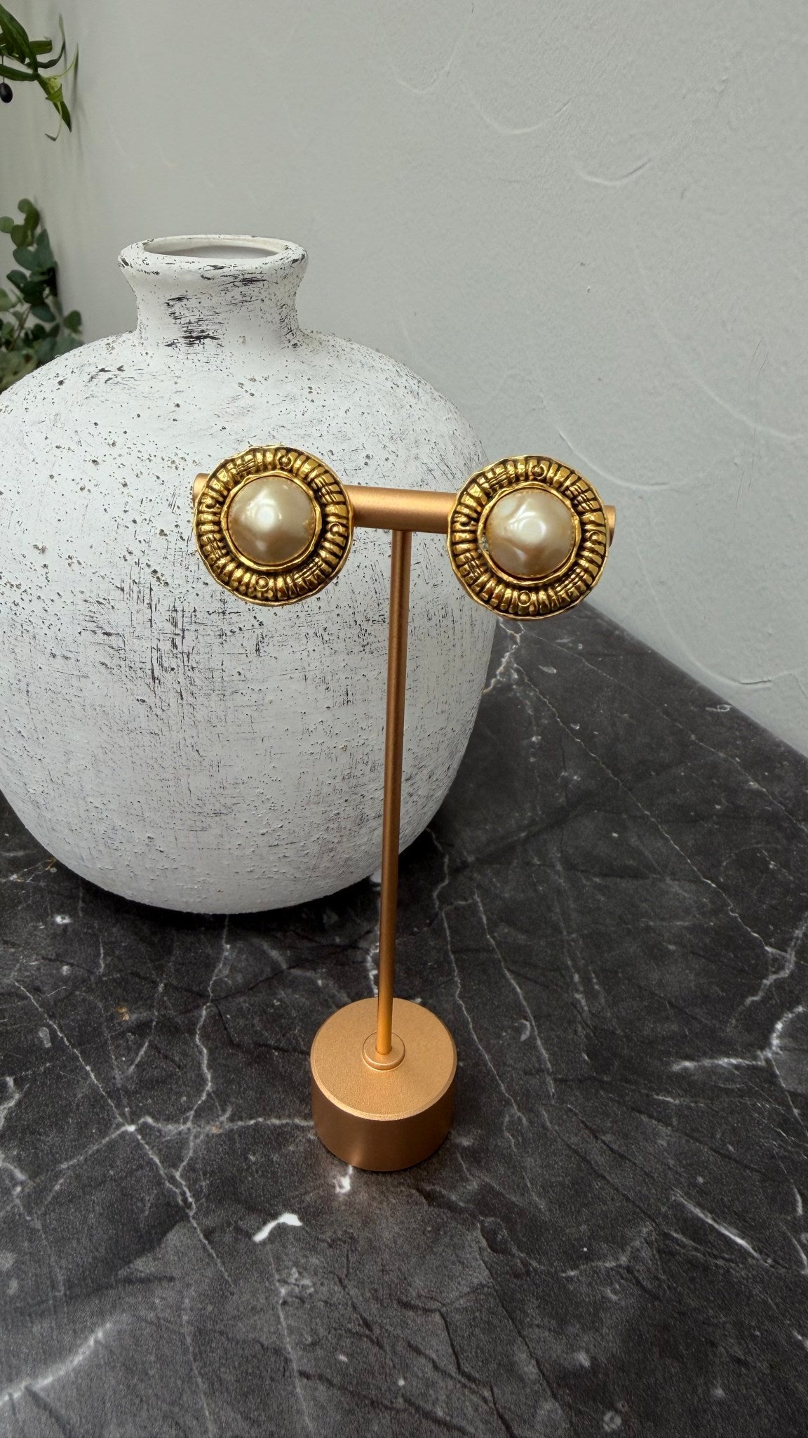 Chanel Vintage Gold Tone & Faux Pearl Coin Clip On Earrings 