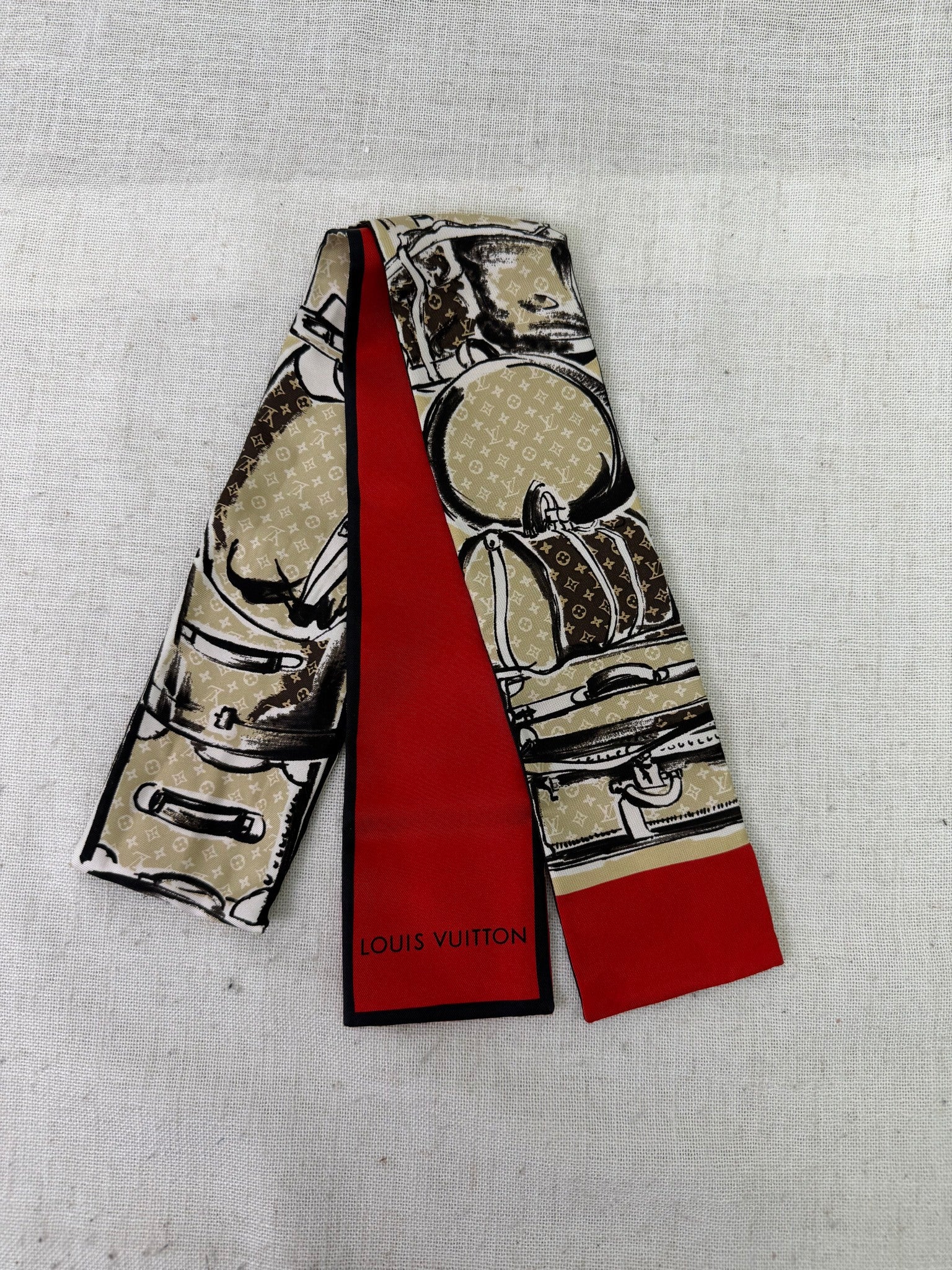 Louis Vuitton Monogram Trunks & Red Silk Twilly 