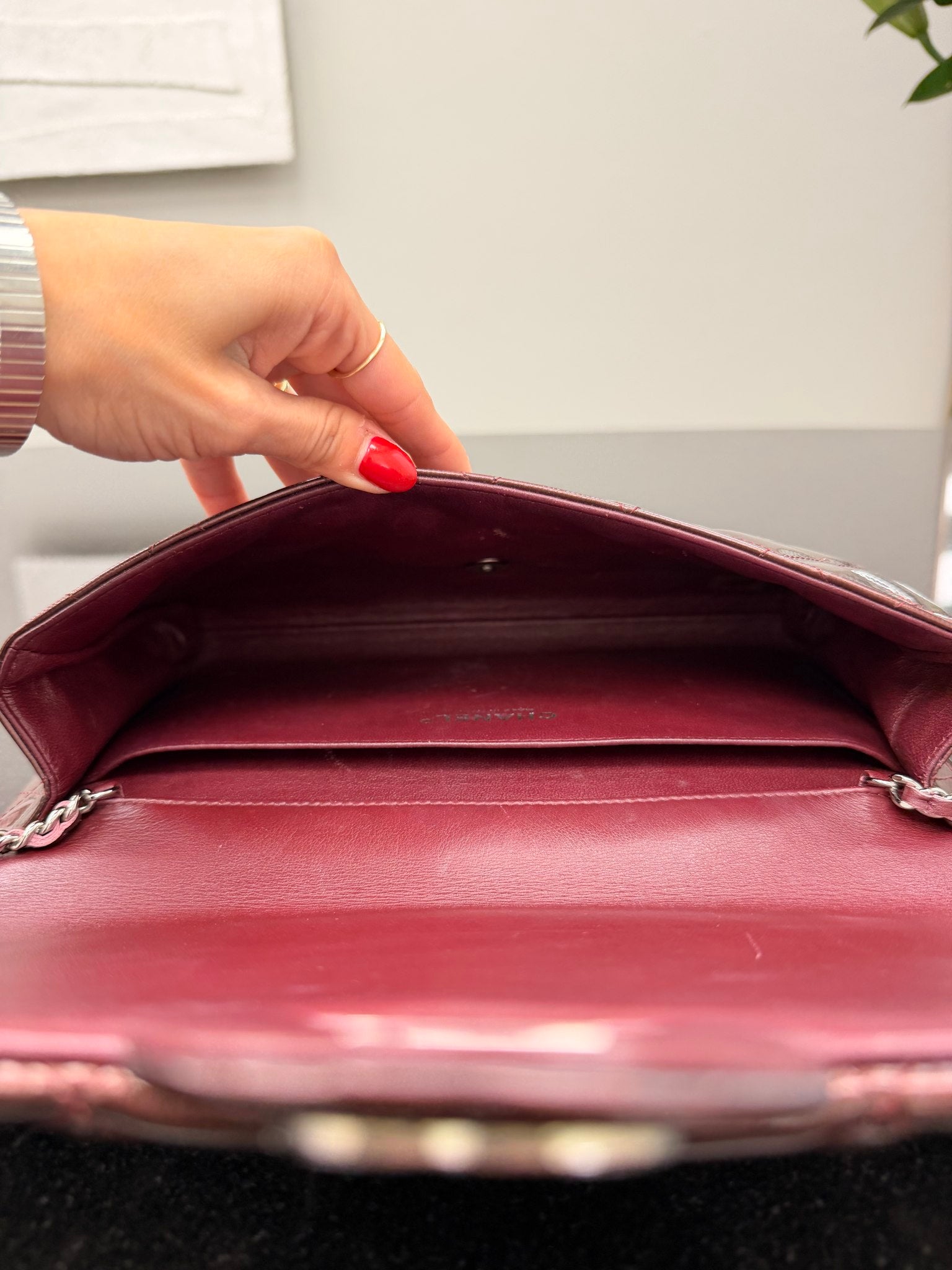 Chanel Burgundy Patent Leather Matelasse Clutch on a Chain