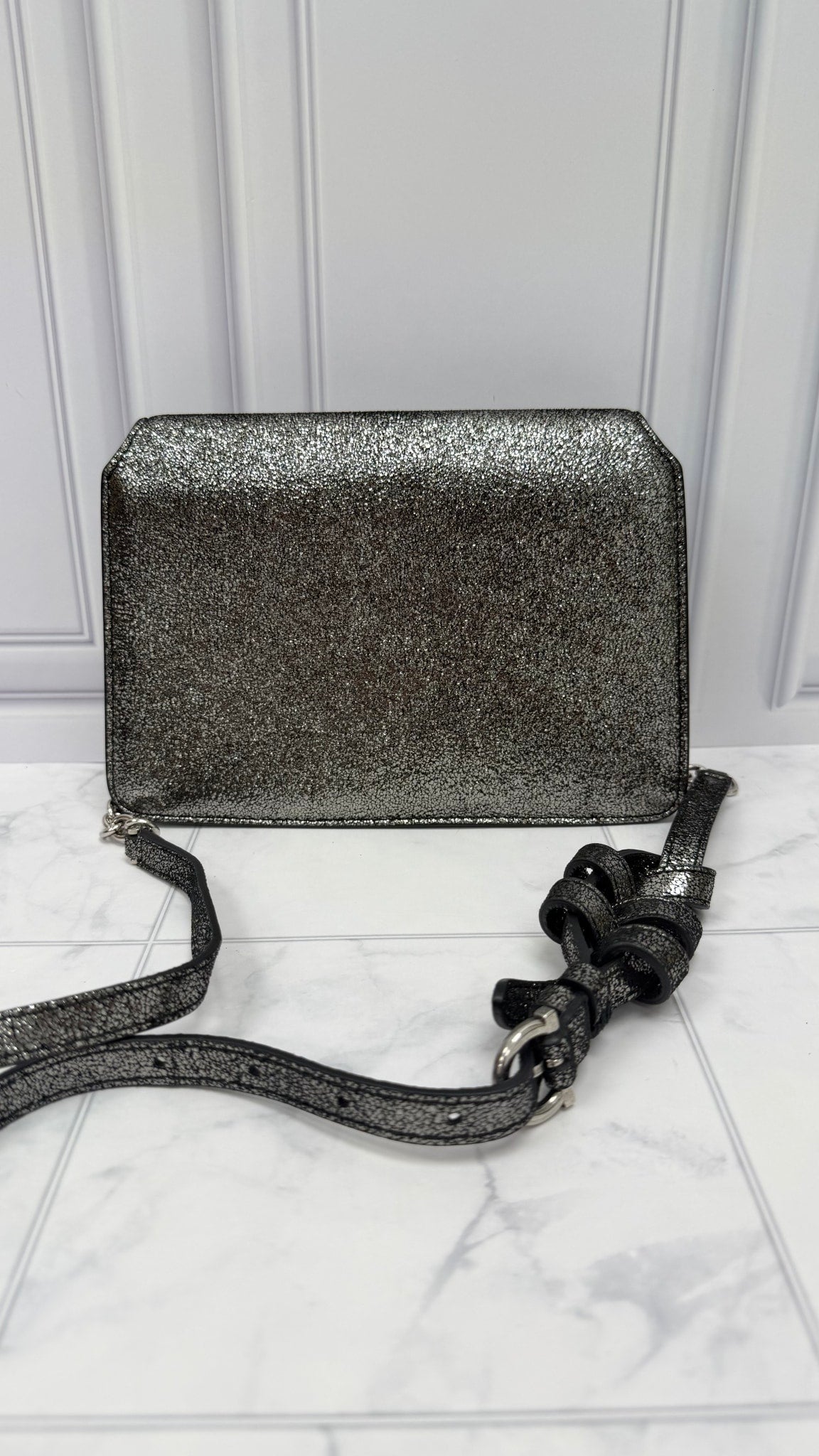 Salvatore Ferragamo Black Crinkled Metallic Leather Clutch Crossbody
