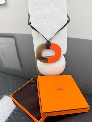 Hermes Orange And Brown Buffalo Horn And Lacquer Isthme Pendant Necklace