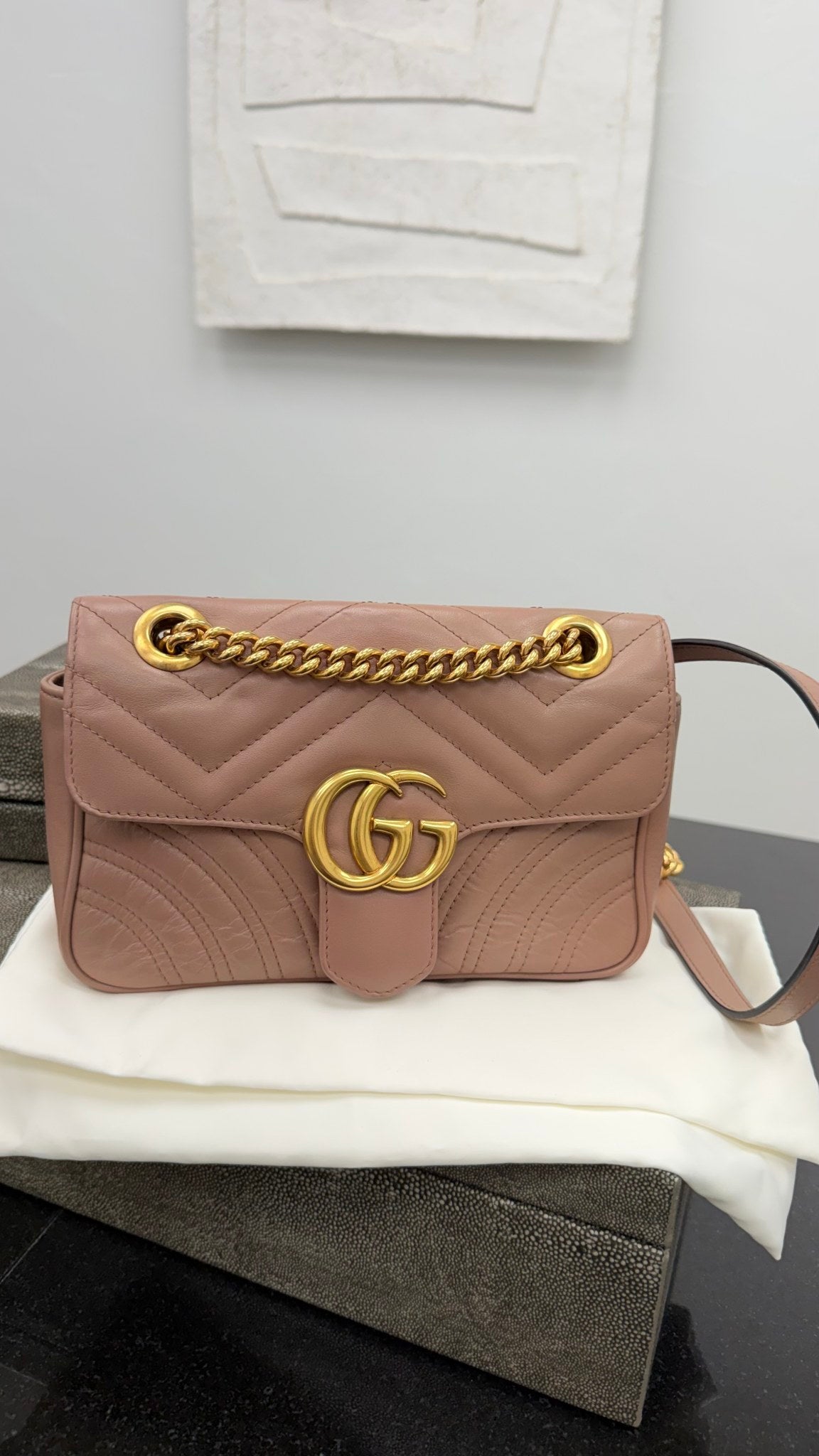 Gucci Dusty Pink Leather GG Marmont Chain Mini Shoulder Bag 