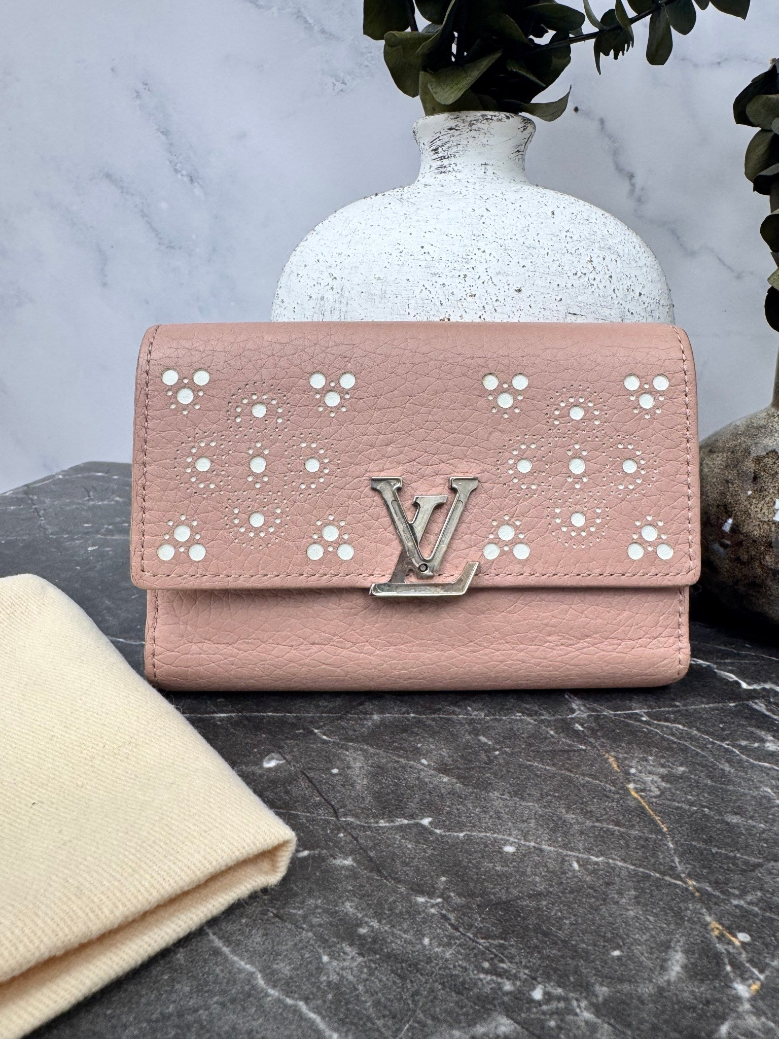 Louis Vuitton Pink Portefeuille Capucines Perforated Flower Compact Wallet